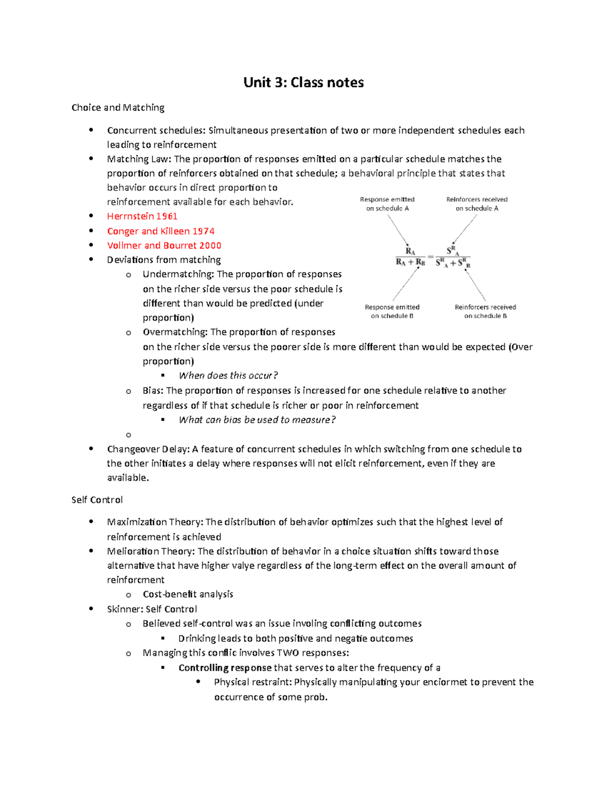 Unit 3 Learning and Behavior schwartz - Unit 3: Class notes Choice and ...