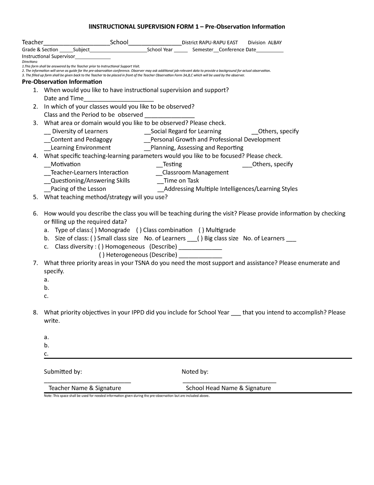 Instructional Supervision Form 1 Linstructional Supervision Form 1 Pre Observation 4530