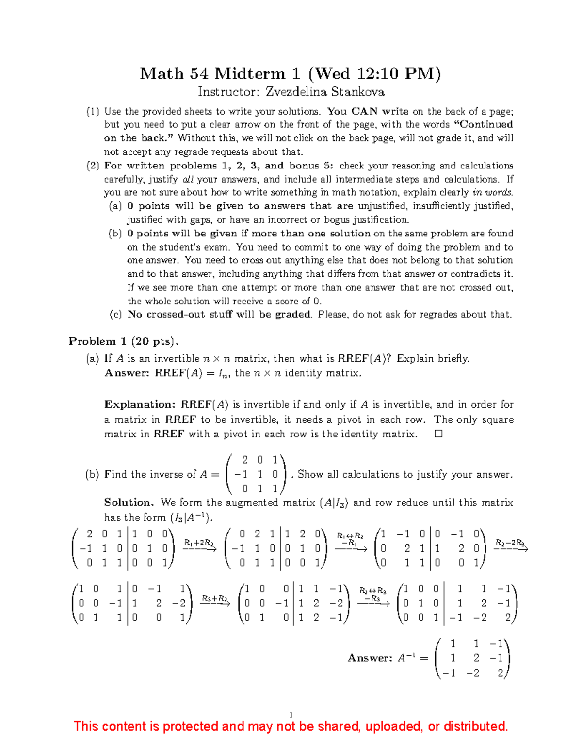54F24 Practice Midterm 1 Exam Fall 2023 Solutions - Math 54 Midterm 1 ...