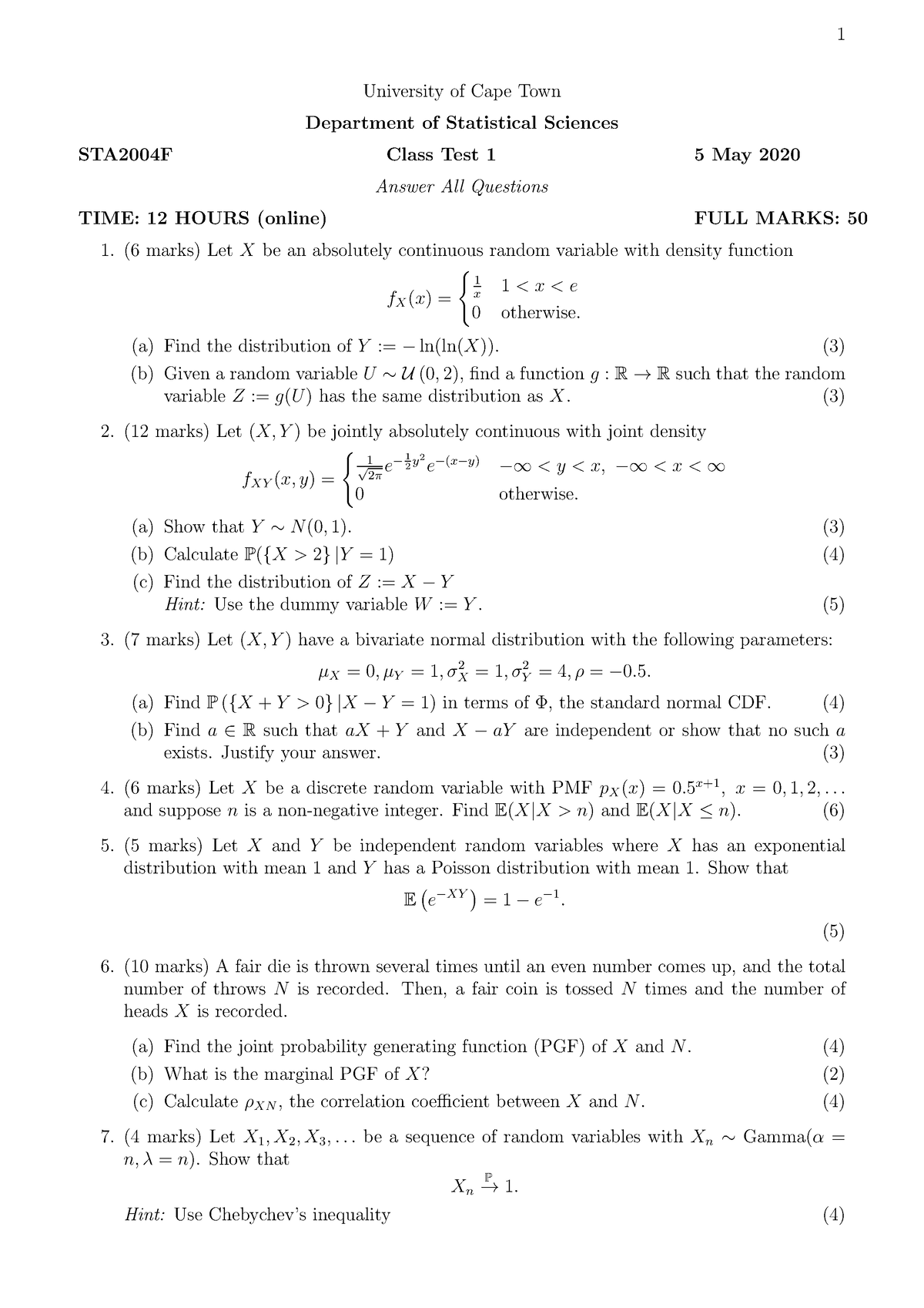 STA2004F Class Test 1, 2020, Chapters 1-5 - 1 University of Cape Town ...