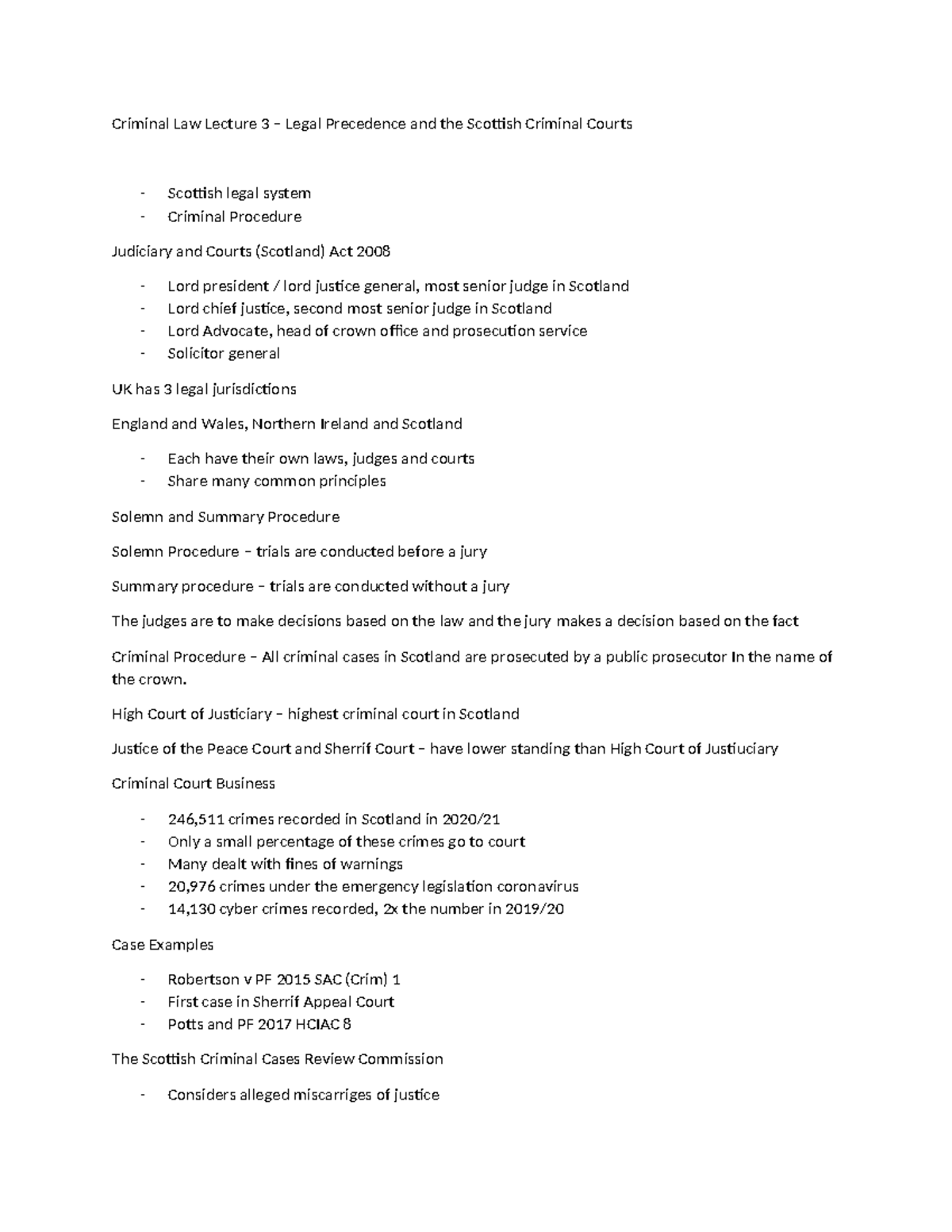Lecture 3 - Criminal Law Lecture 3 – Legal Precedence and the Scottish ...