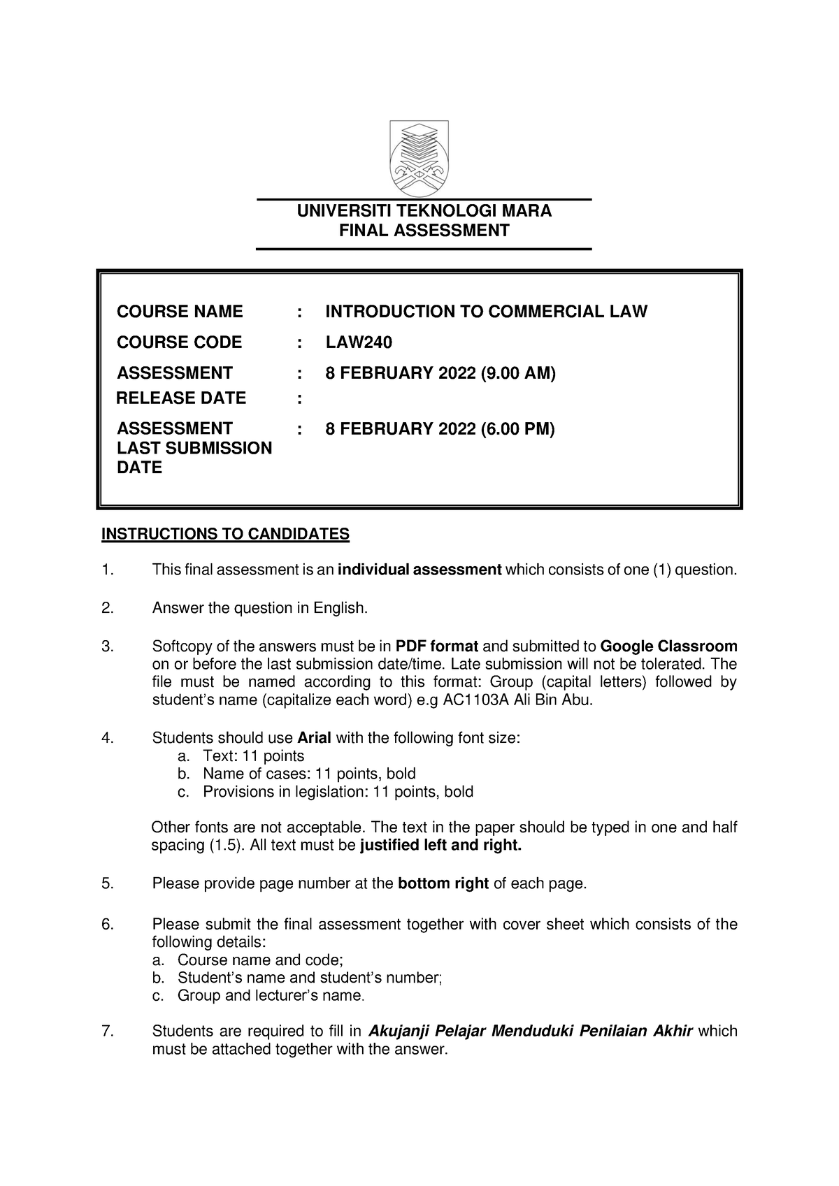 FEB 2022 LAW 240 - Law - UNIVERSITI TEKNOLOGI MARA FINAL ASSESSMENT ...