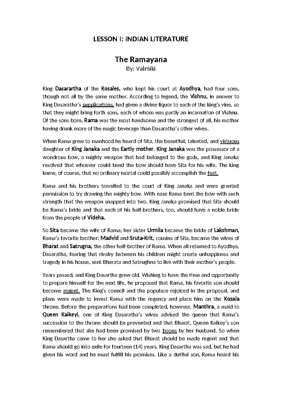 Module 1 Indian Literature Ramayana - LESSON I: INDIAN LITERATURE The ...