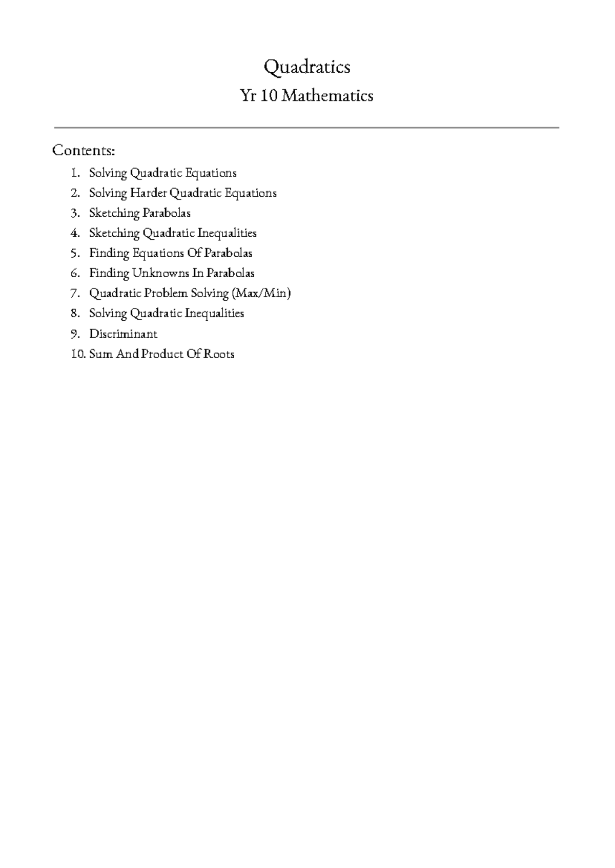 MATH48 Quadratics In-depth Tutorial Notes Week 2 - Quadratics Yr 10 ...