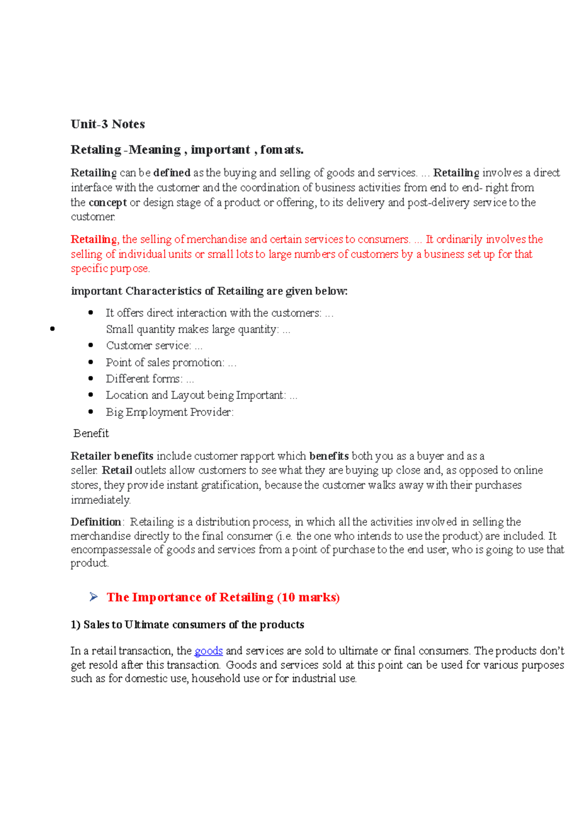 Unit -3 notes - marketin 2 unit - Notes Retaling , important , fomats ...