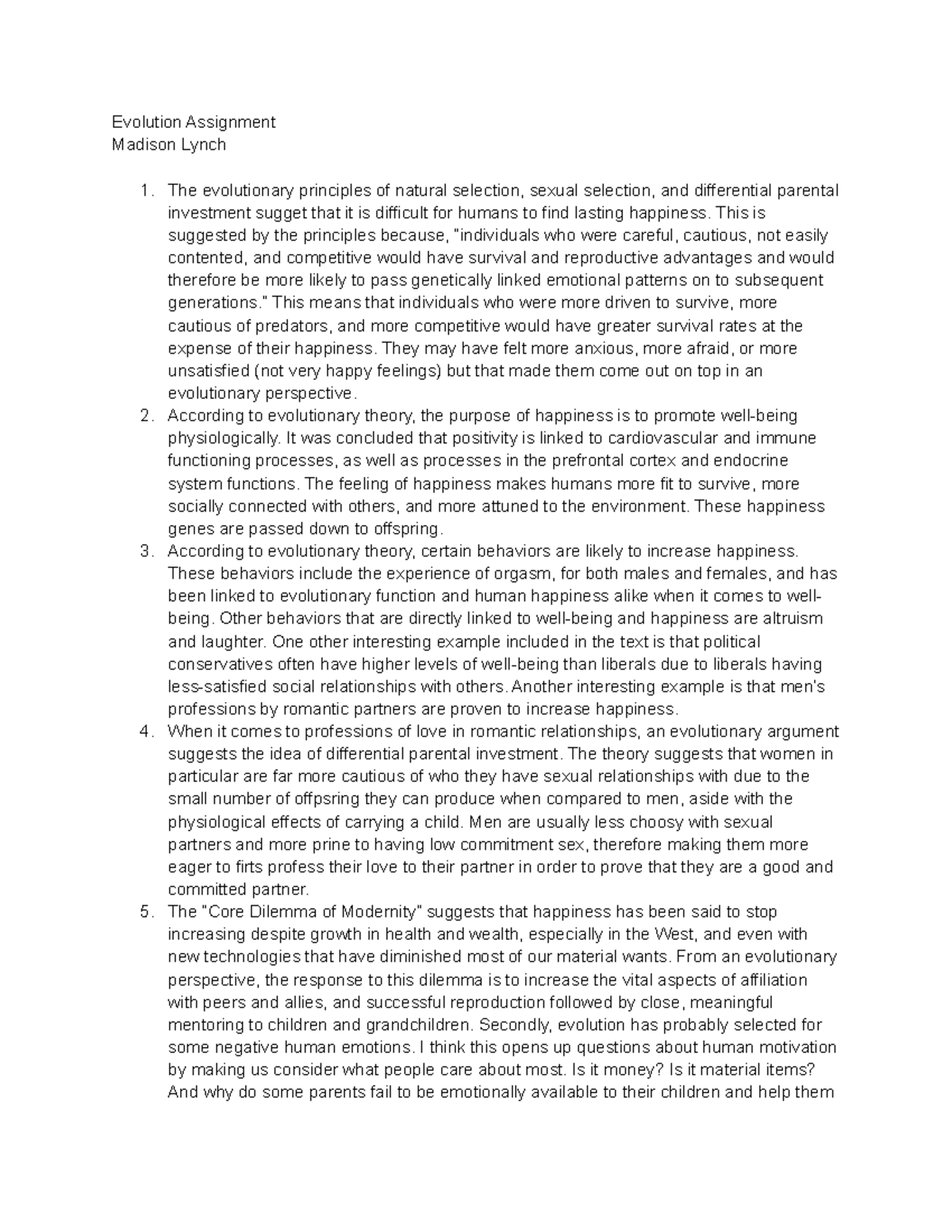 Evolution Assignment - notes - Evolution Assignment Madison Lynch The ...