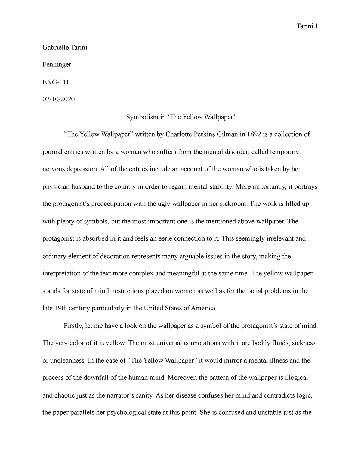 The yellow wallpaper - literary analysis essay about the symbolism used by  the author - Gabrielle - Studocu