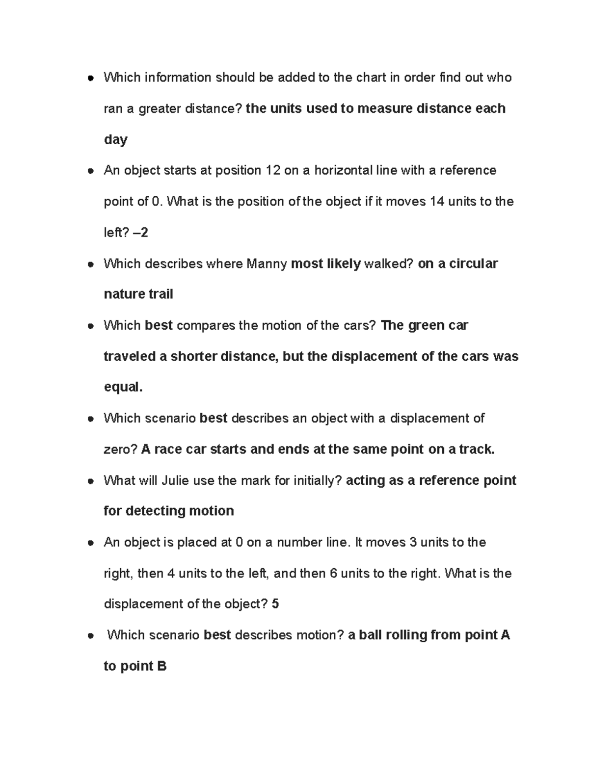 Introduction to Motion Quiz - Which information should be added to the ...
