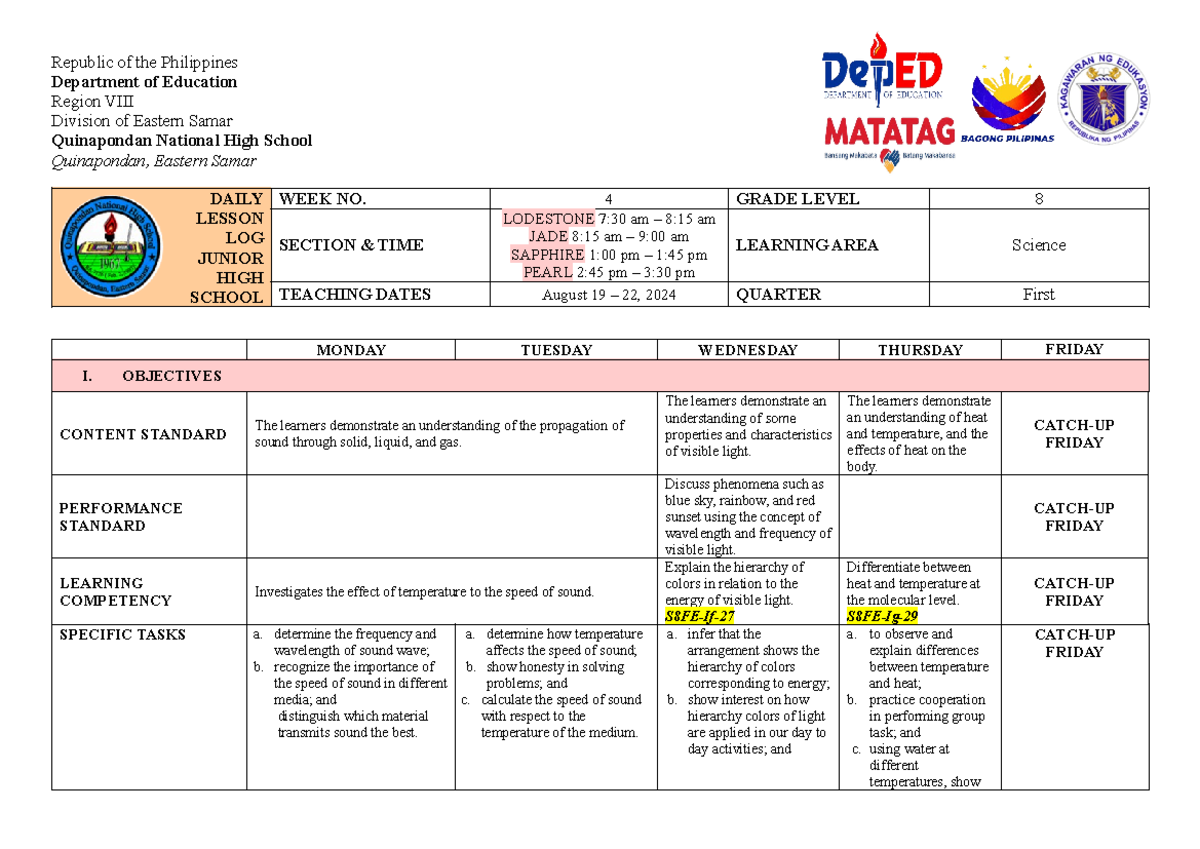 Dll W4 Daily Lesson Log Week 4 Republic Of The Philippines