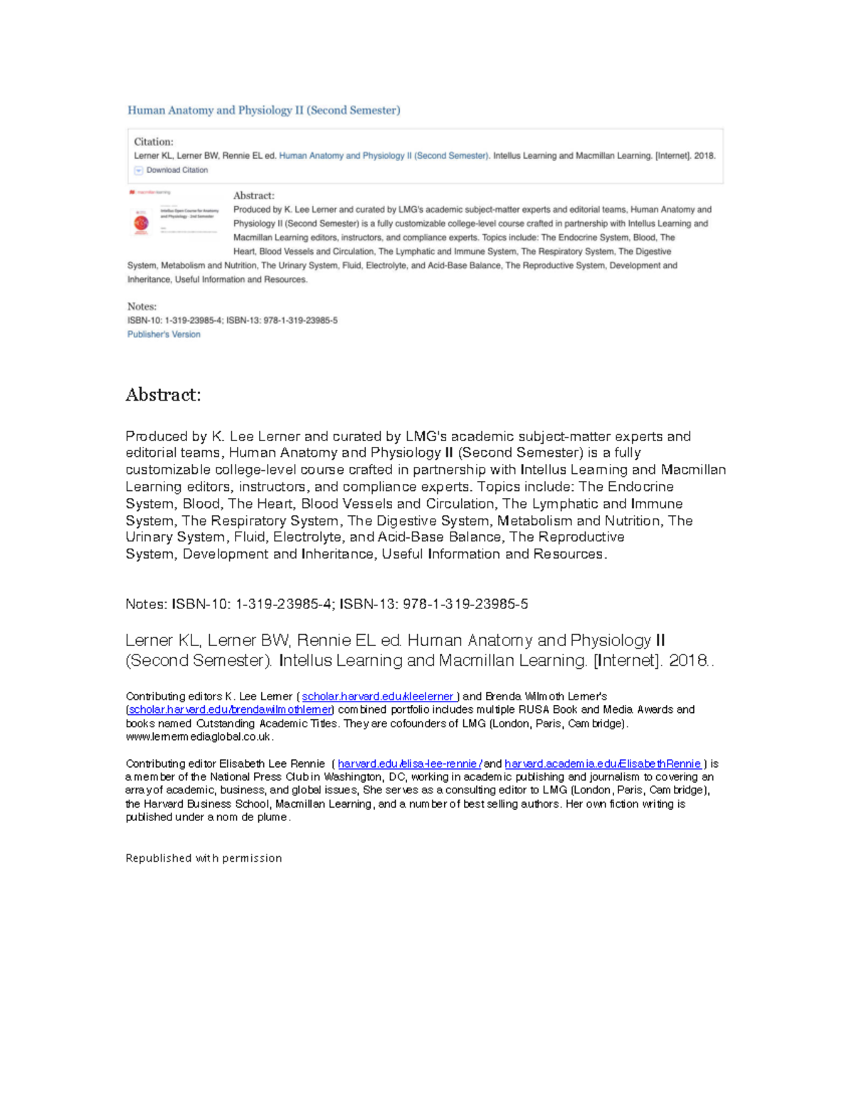Human Anatomy and Physiology II Second S - Abstract: Produced by K. Lee ...