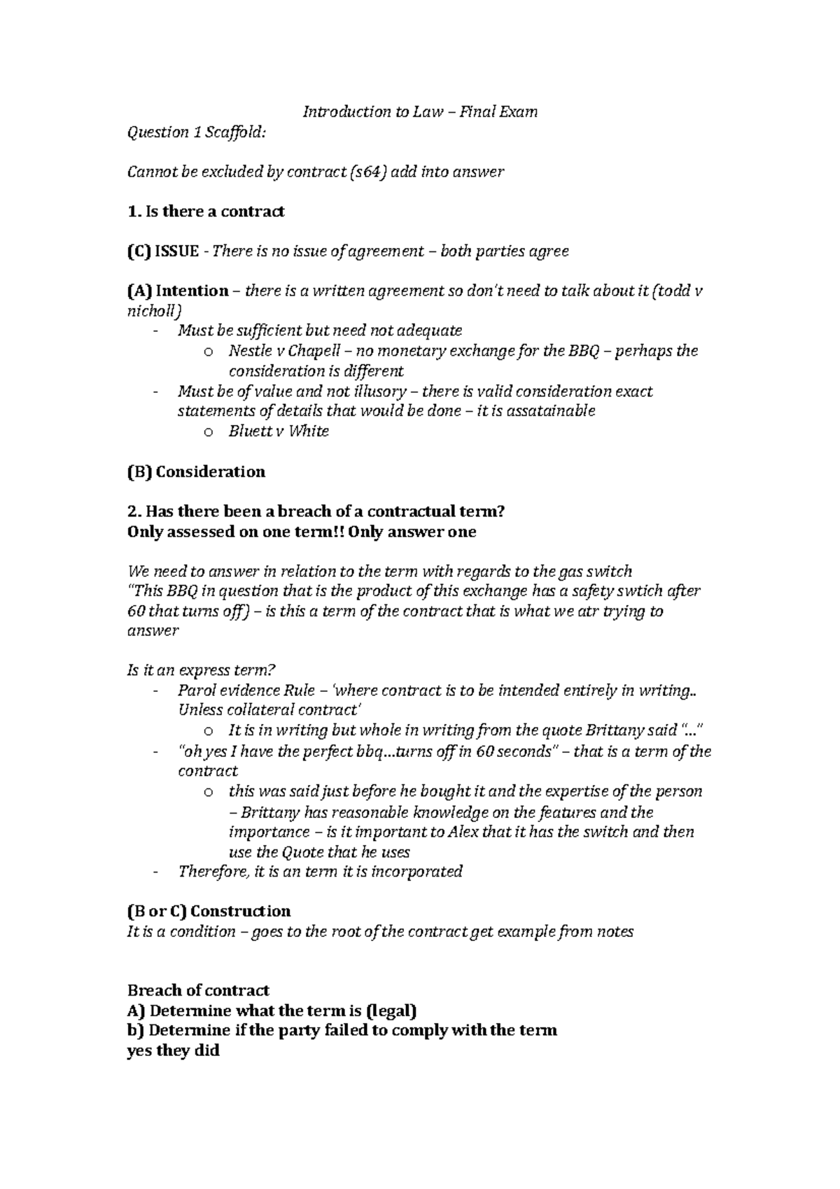 Introduction To Law – Final Exam - Is There A Contract (C) ISSUE There ...