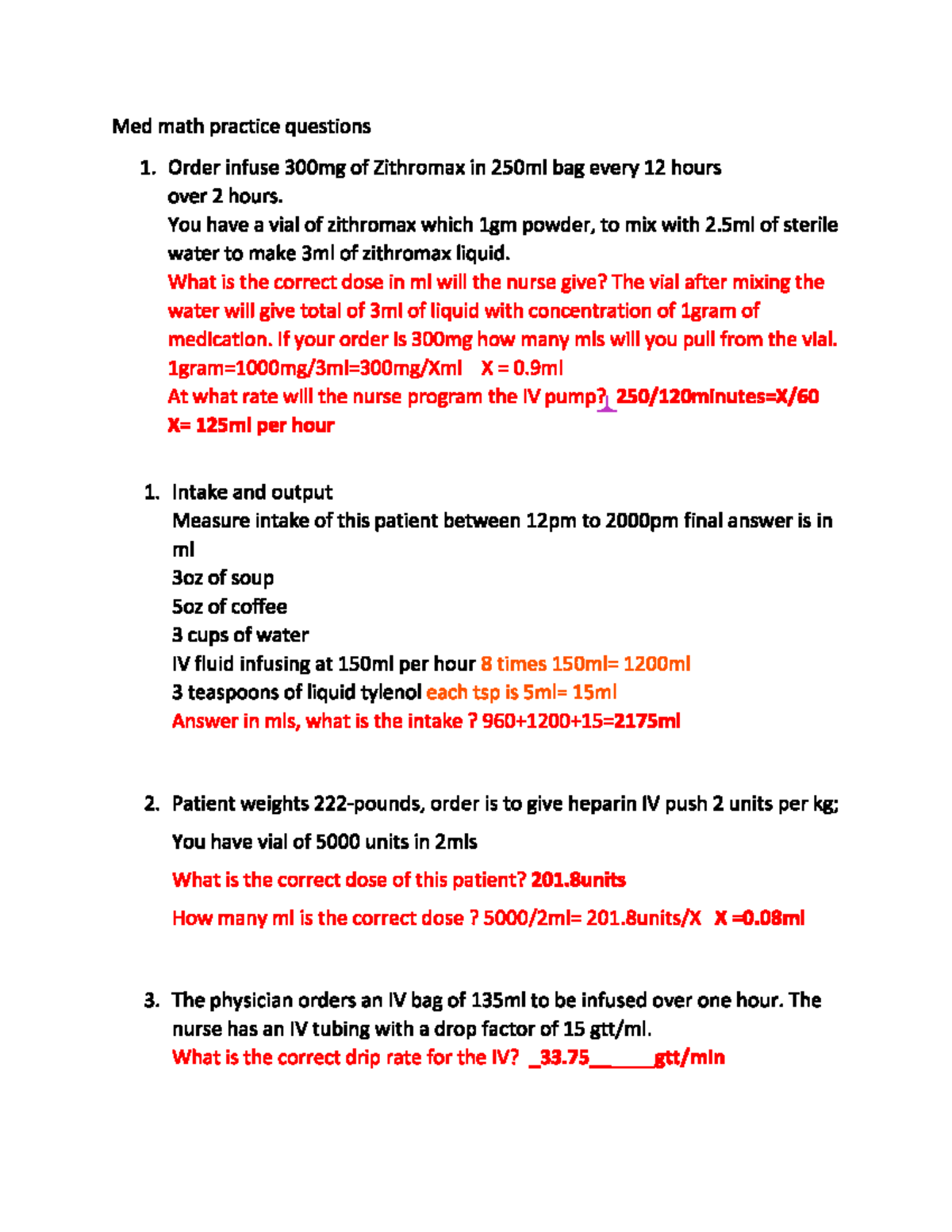 Answer key to med math questions exam 1 - Med math practice questions 1 ...