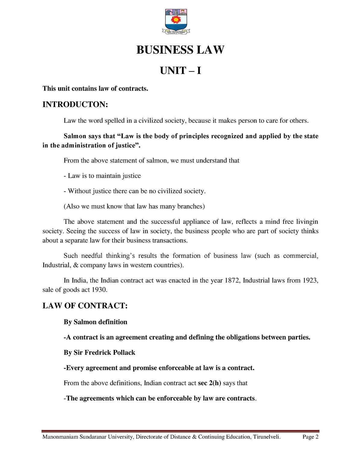 Business Law Unit 1 - BUSINESS LAW UNIT – I This Unit Contains Law Of ...