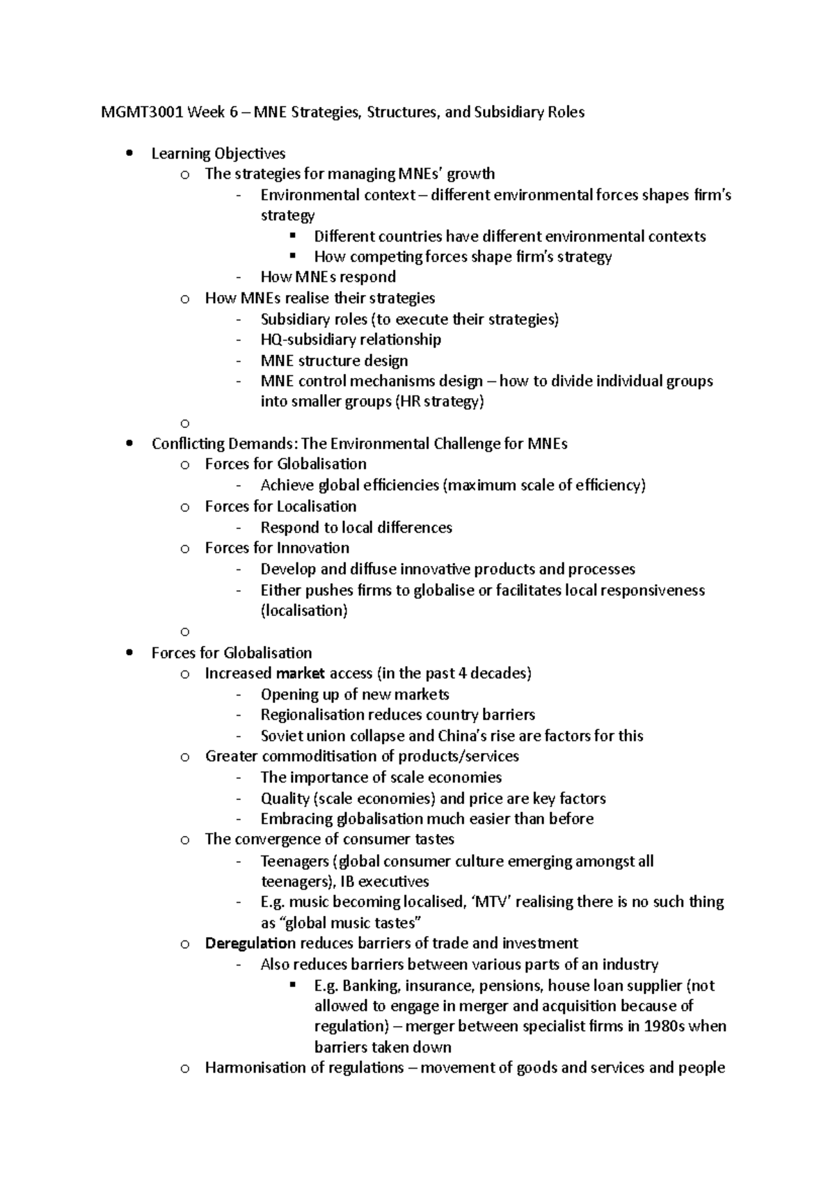 Global Business Strategy Week 6 - MGMT3001 Week 6 – MNE Strategies ...