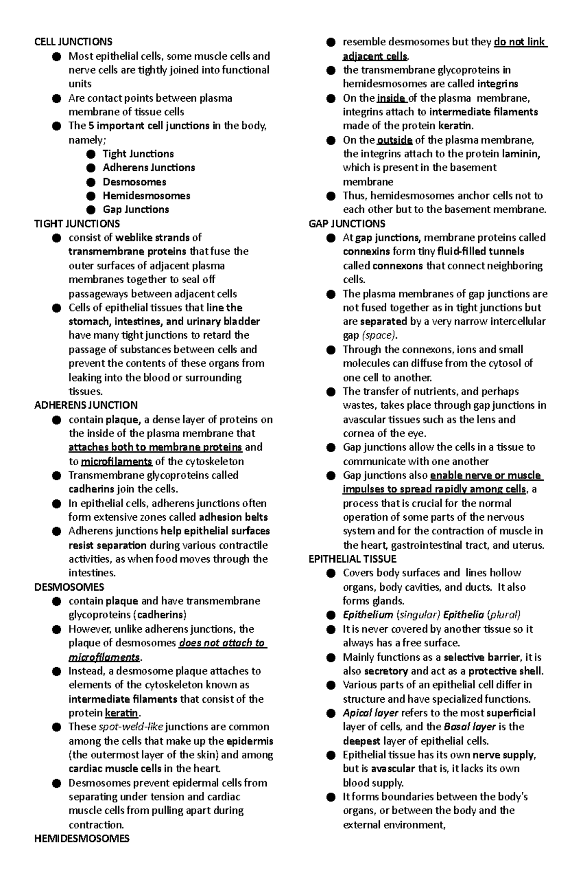 Skin and Body membranes Notes - CELL JUNCTIONS Most epithelial cells ...