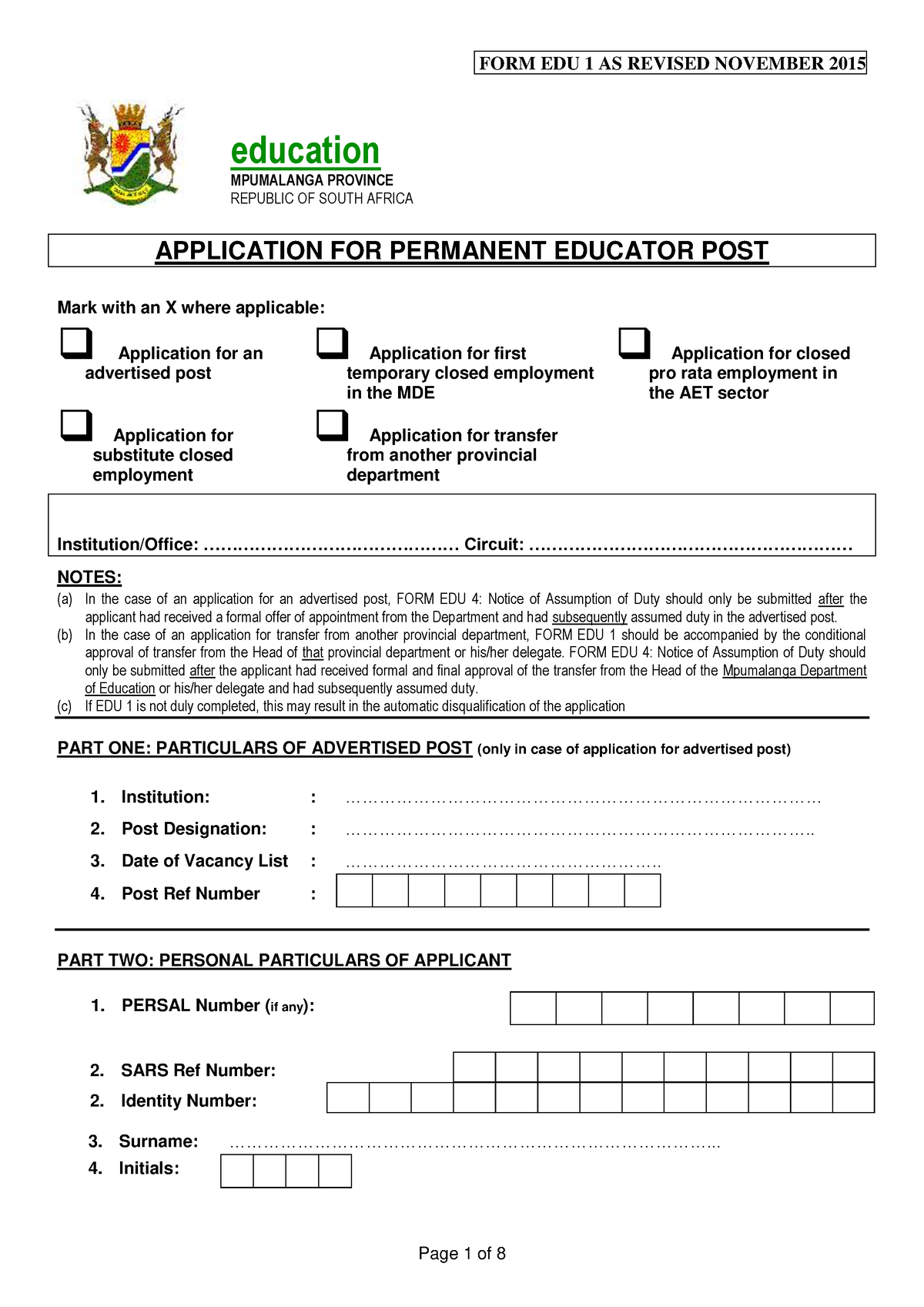 EDU1 Application FORM(original) - APPLICATION FOR PERMANENT EDUCATOR ...