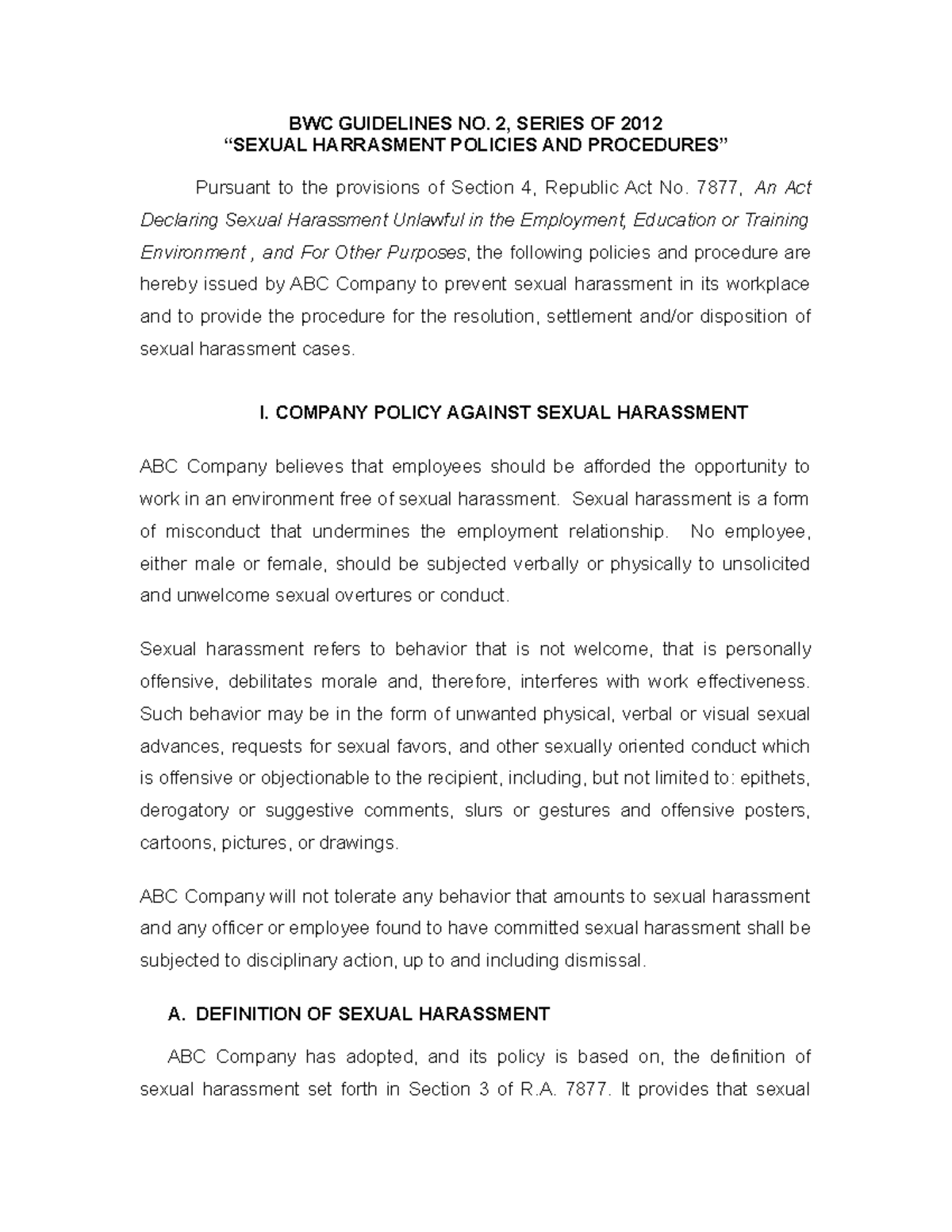 Sexual Harassment Policy FORM - BWC GUIDELINES NO. 2, SERIES OF 2012 ...