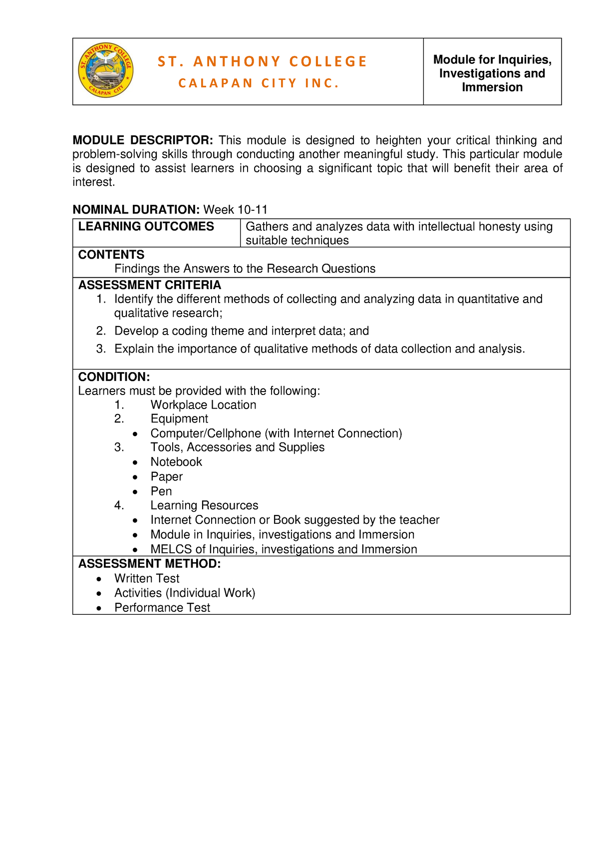 Week 10 11 Inquiries Investigations AND Immersion - MODULE DESCRIPTOR ...