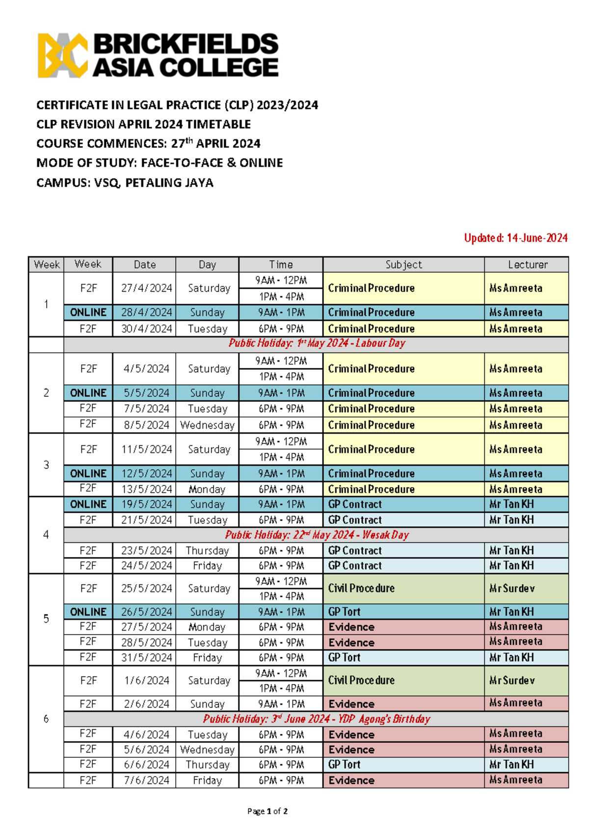 CLP2023-24 Revision Timetable updated 14.6.2024 - CERTIFICATE IN LEGAL ...