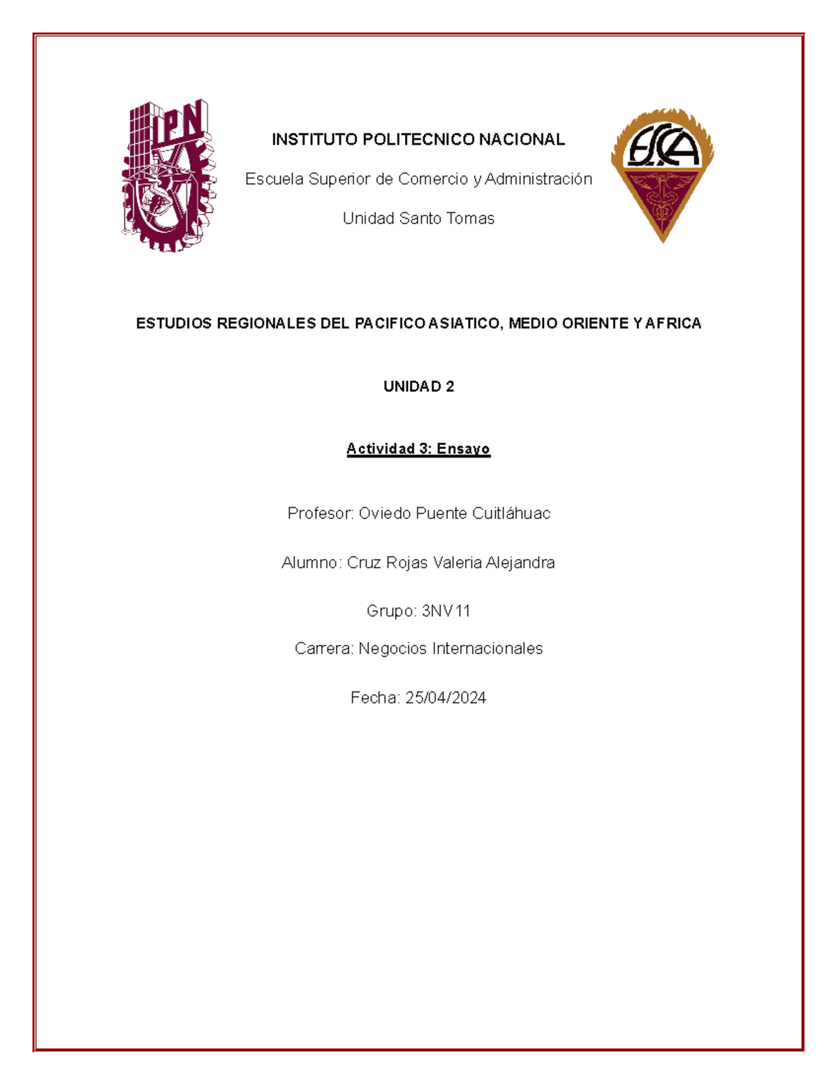 Ensayo Pamoa - INSTITUTO POLITECNICO NACIONAL Escuela Superior de ...