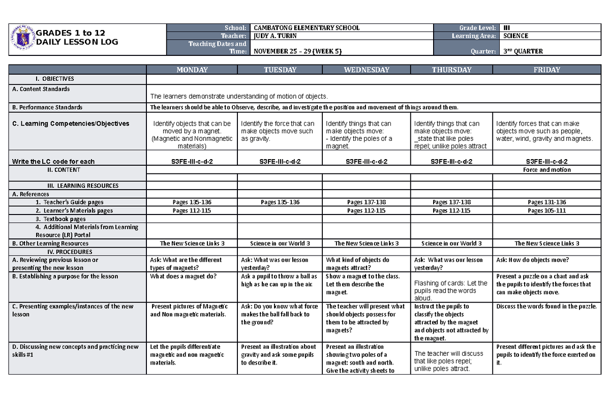 DLL Science 3 Q3 W5 - iiii - GRADES 1 to 12 DAILY LESSON LOG School ...