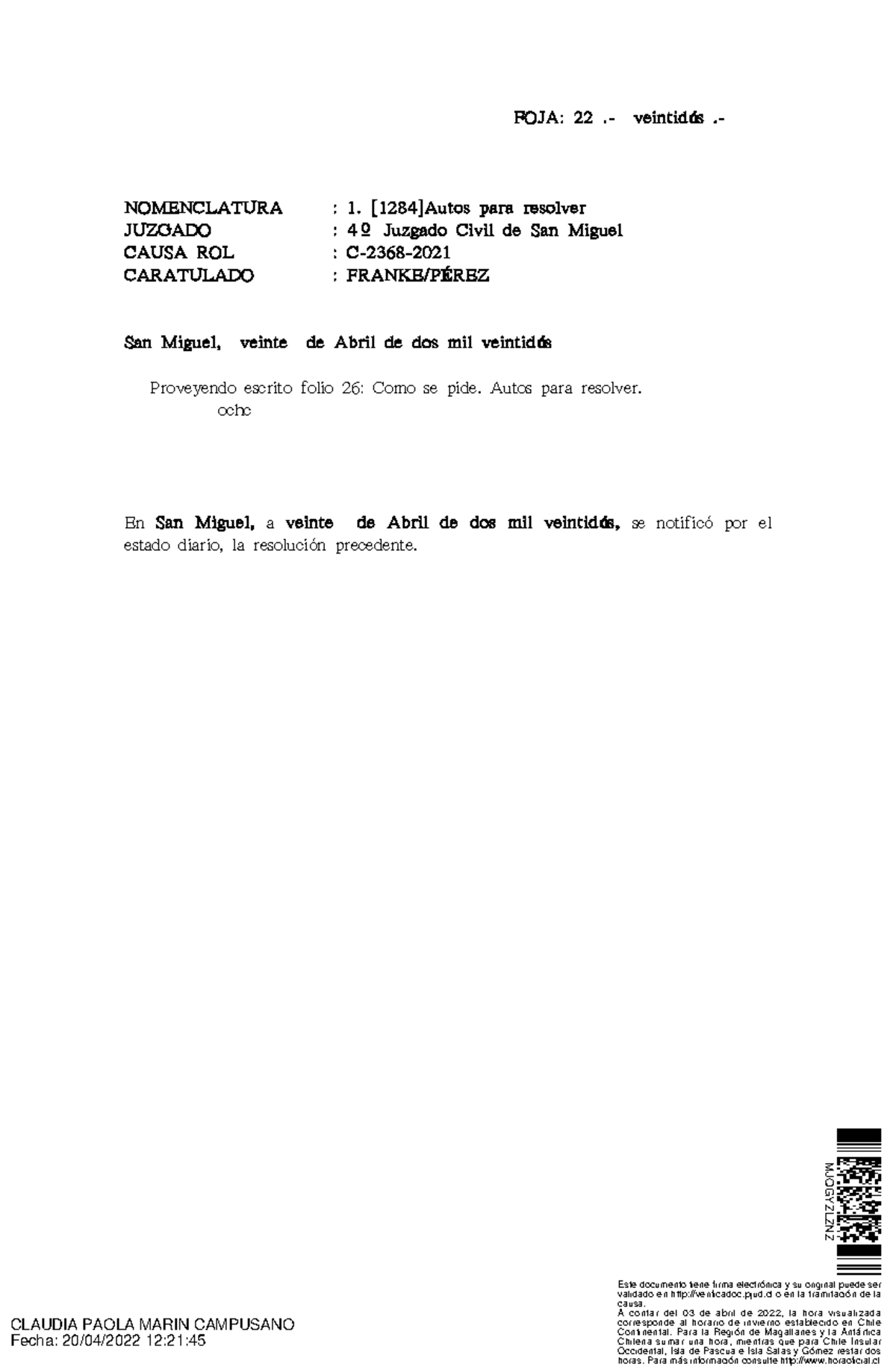 Documento (59) - Registro Inmobiliario - FOJA: 22 .- Veintid ó S ...