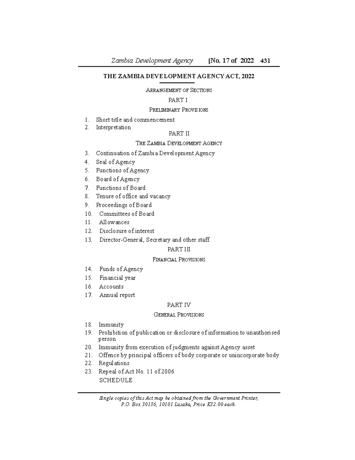 ACT No. 17 OF 2022, THE Zambia Development Agency, 2022 THE ZAMBIA