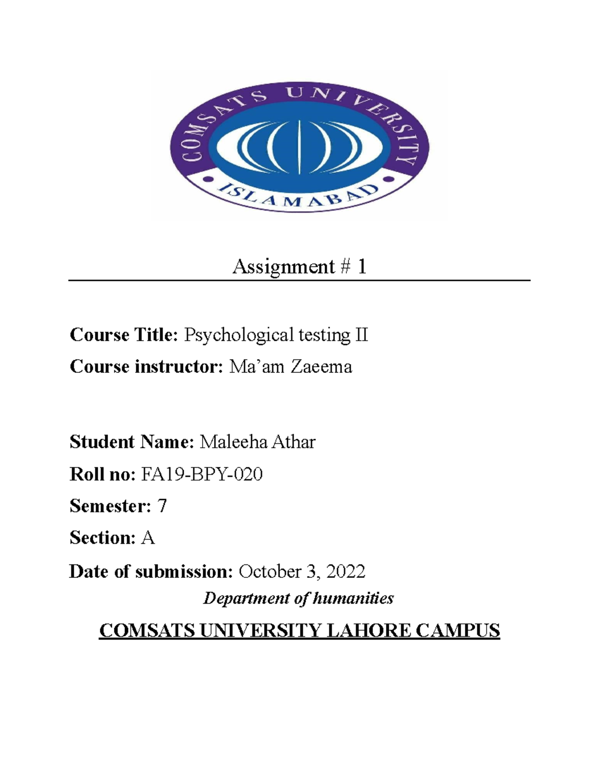 Psychological Testing 2 Assignment 1 - Assignment # 1 Course Title ...