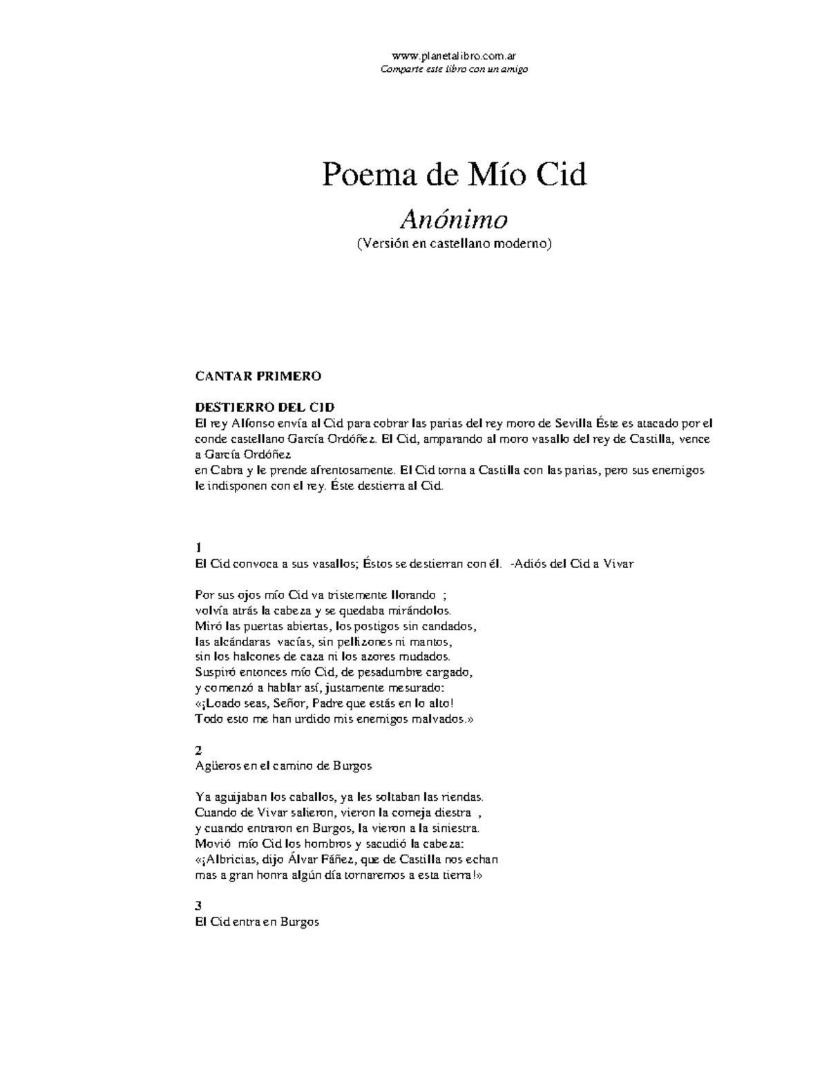 Anonimo Cantar De Mio Cid CANTAR PRIMERODESTIERRO DEL CID El Rey