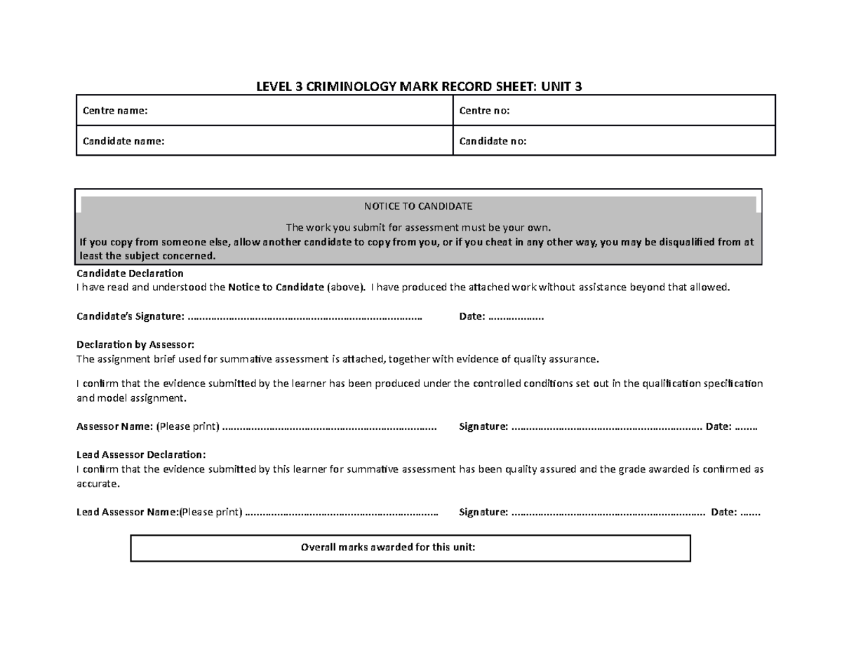 Level+3+ Criminology+MARK+ Record+ Sheet+UNIT+3 - LEVEL 3 CRIMINOLOGY ...