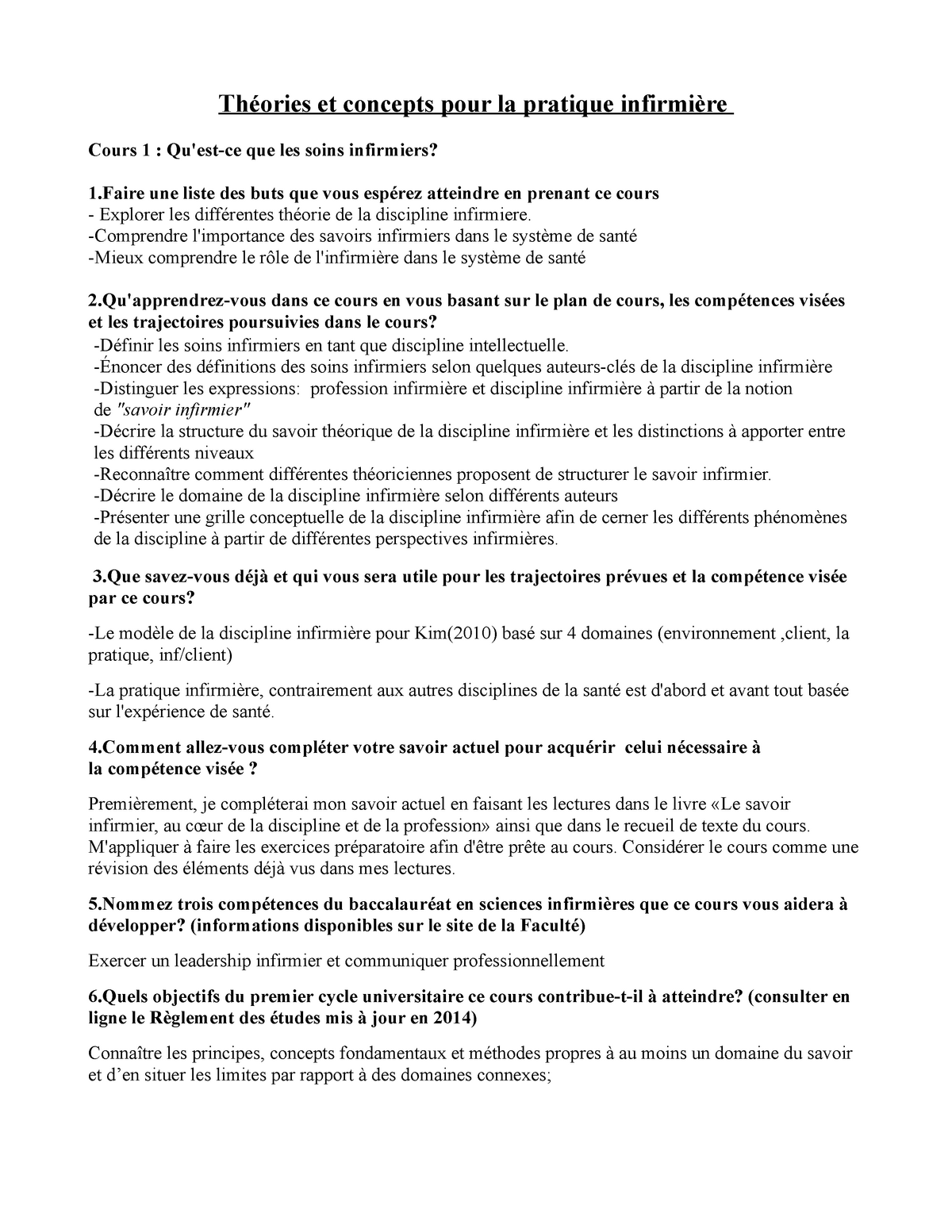 Theories Et Concepts Exercice Post Cours 1 Theories Et Concepts Pour La Pratique Infirmiere Studocu