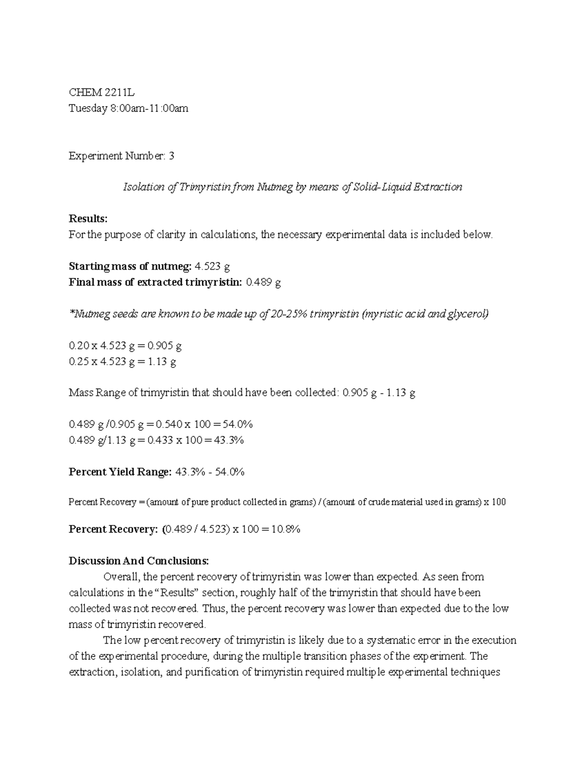 PostLab 3 Isolation of Trimyristin from Nutmeg by means of Solid