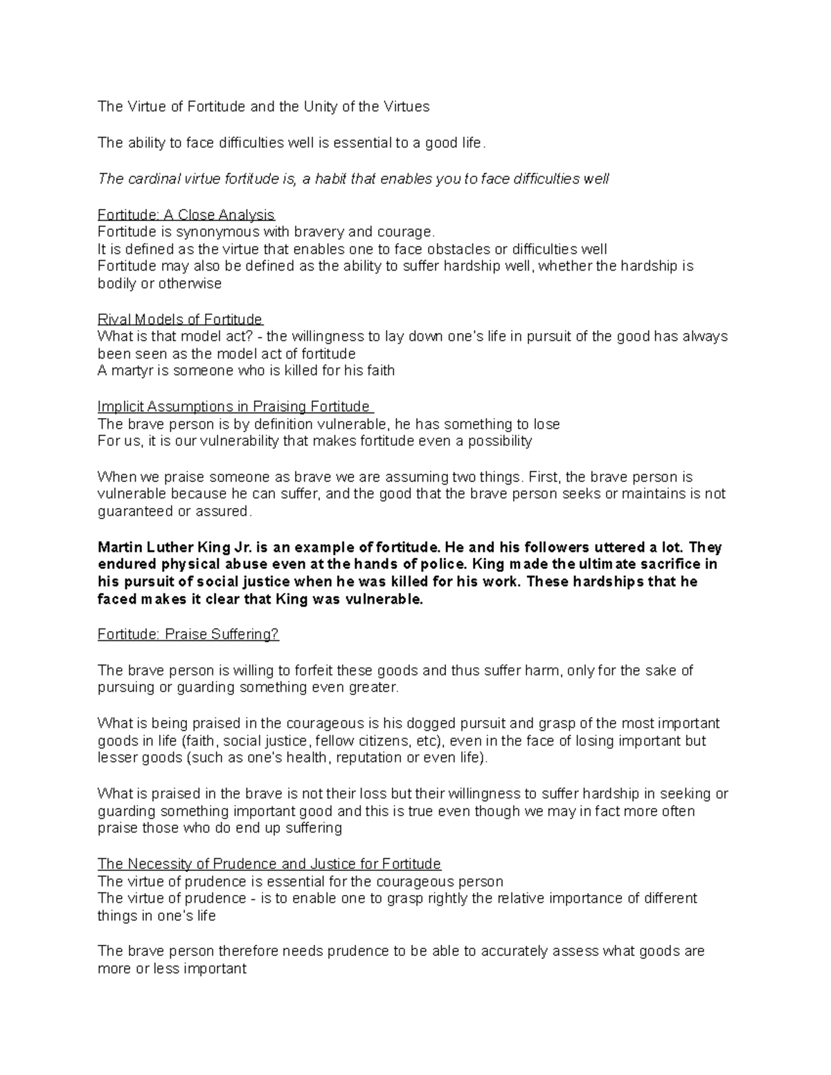 Notes 2 - The Virtue of Fortitude and the Unity of the Virtues The ...