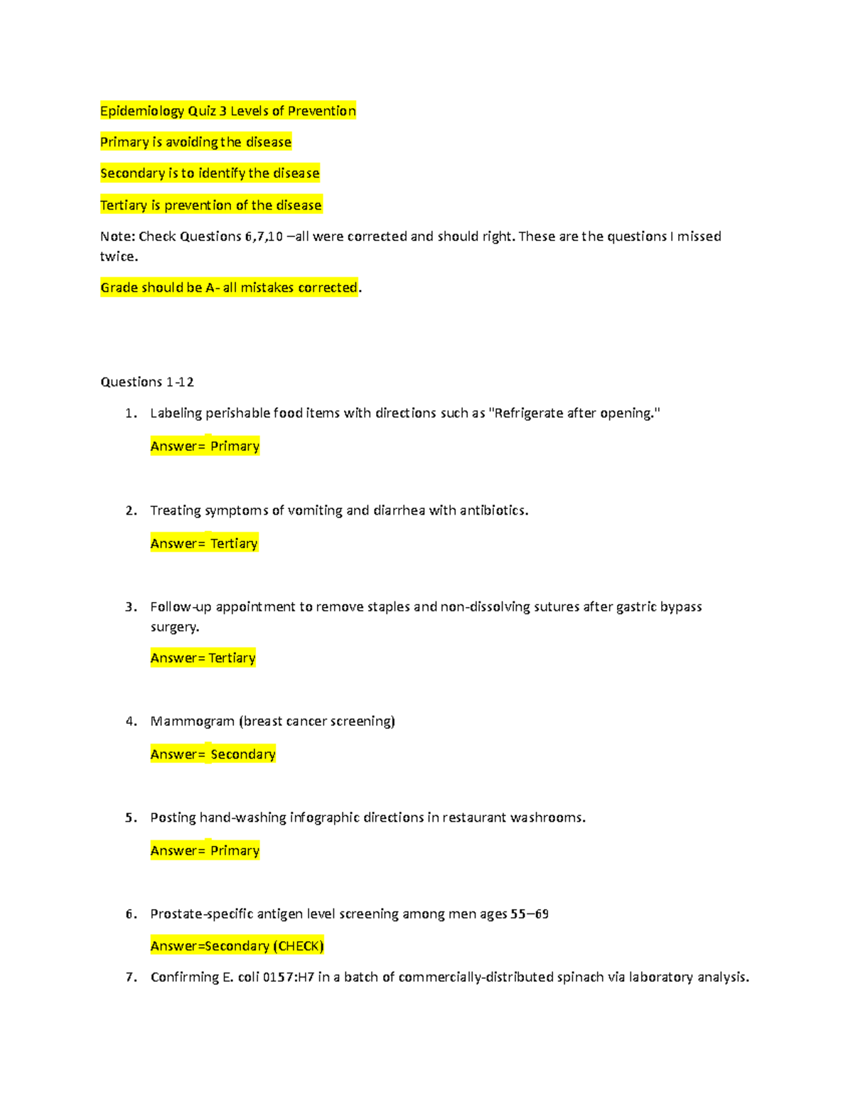 Epidemiology Quiz 3 Levels of Prevention Epidemiology Quiz 3 Levels