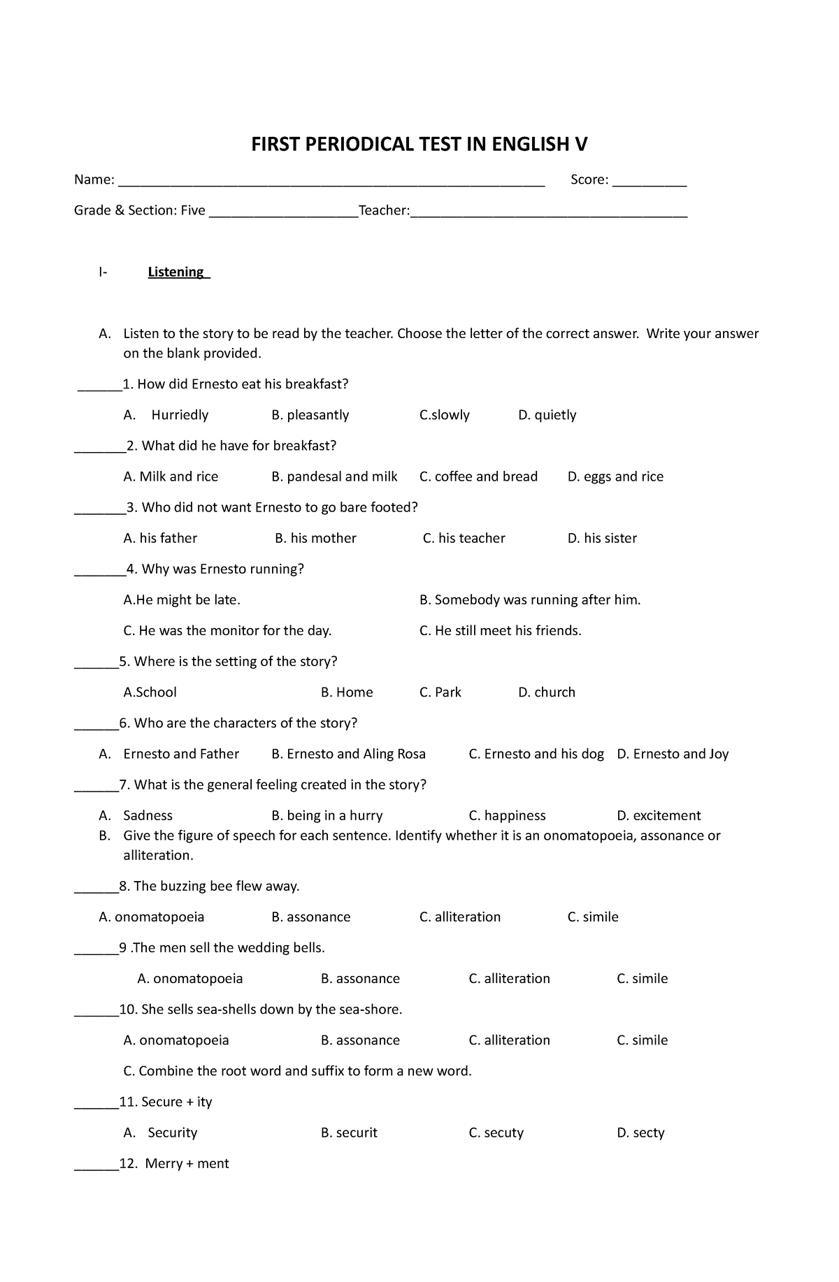 PT English 5 Q1 - FIRST PERIODICAL TEST IN ENGLISH V Name: - Studocu