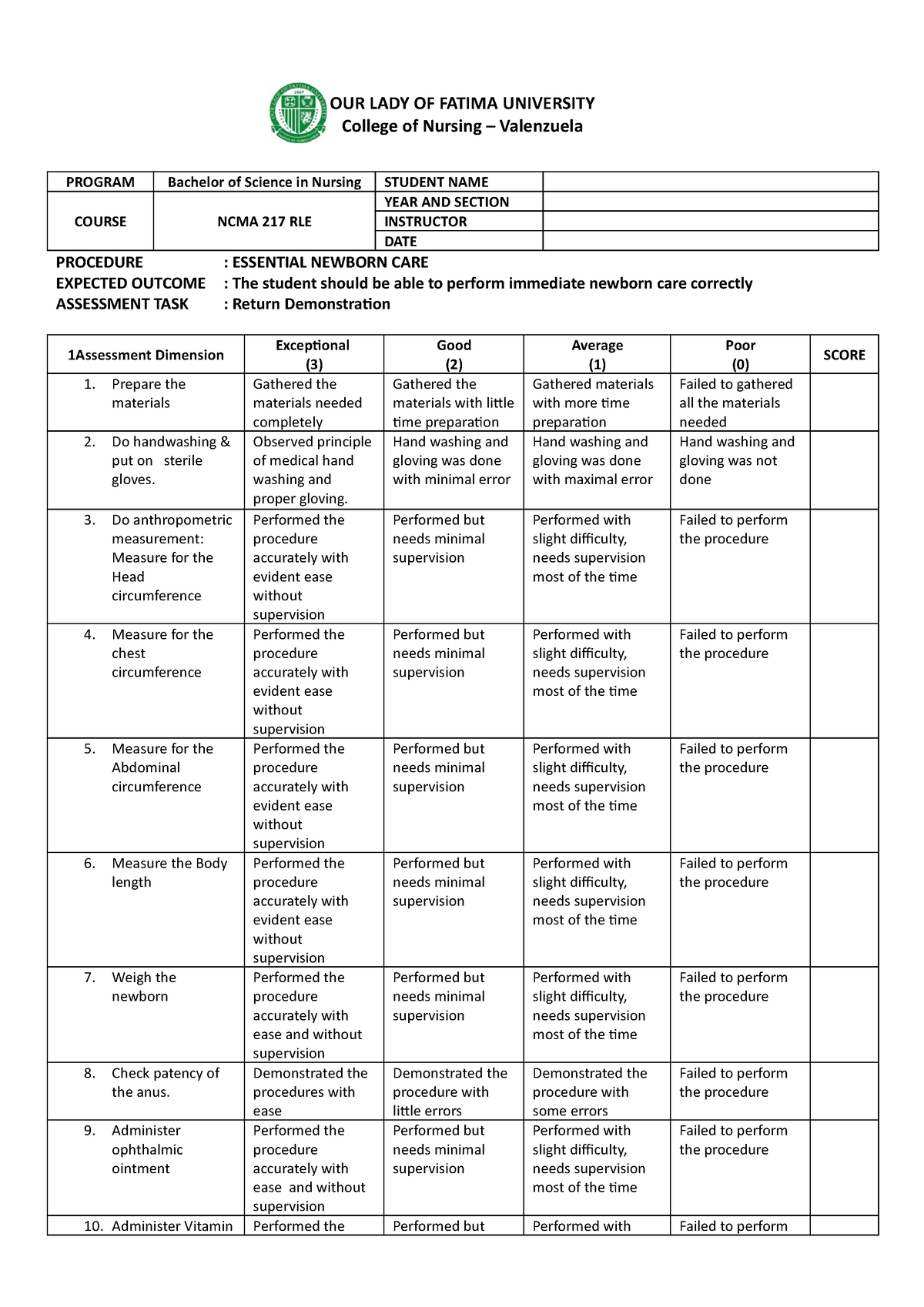 Rubrics Newborn CARE OUR LADY OF FATIMA UNIVERSITY College Of   Thumb 1200 1698 