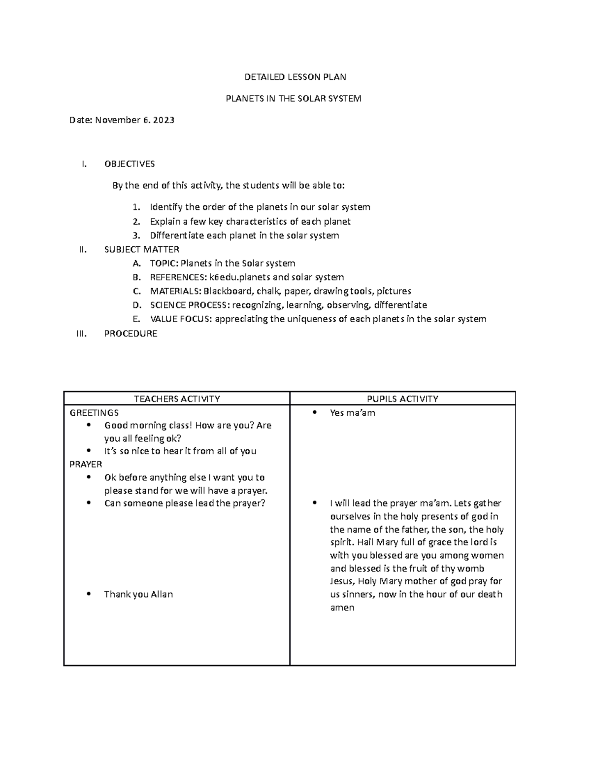 Timoy - For research purposes - DETAILED LESSON PLAN PLANETS IN THE ...