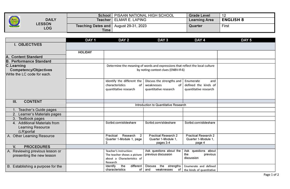 Daily Lesson - wahaha - DAILY LESSON LOG School PISAAN NATIONAL HIGH ...