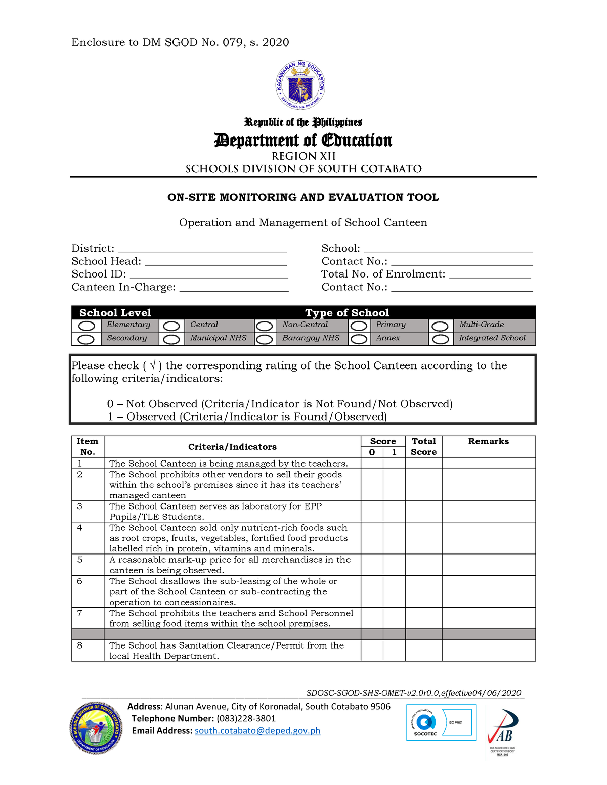 School Canteen Monitoring And Evaluation Tool Enclosure To Dm Sgod No 079 S 2020 Republic 2285