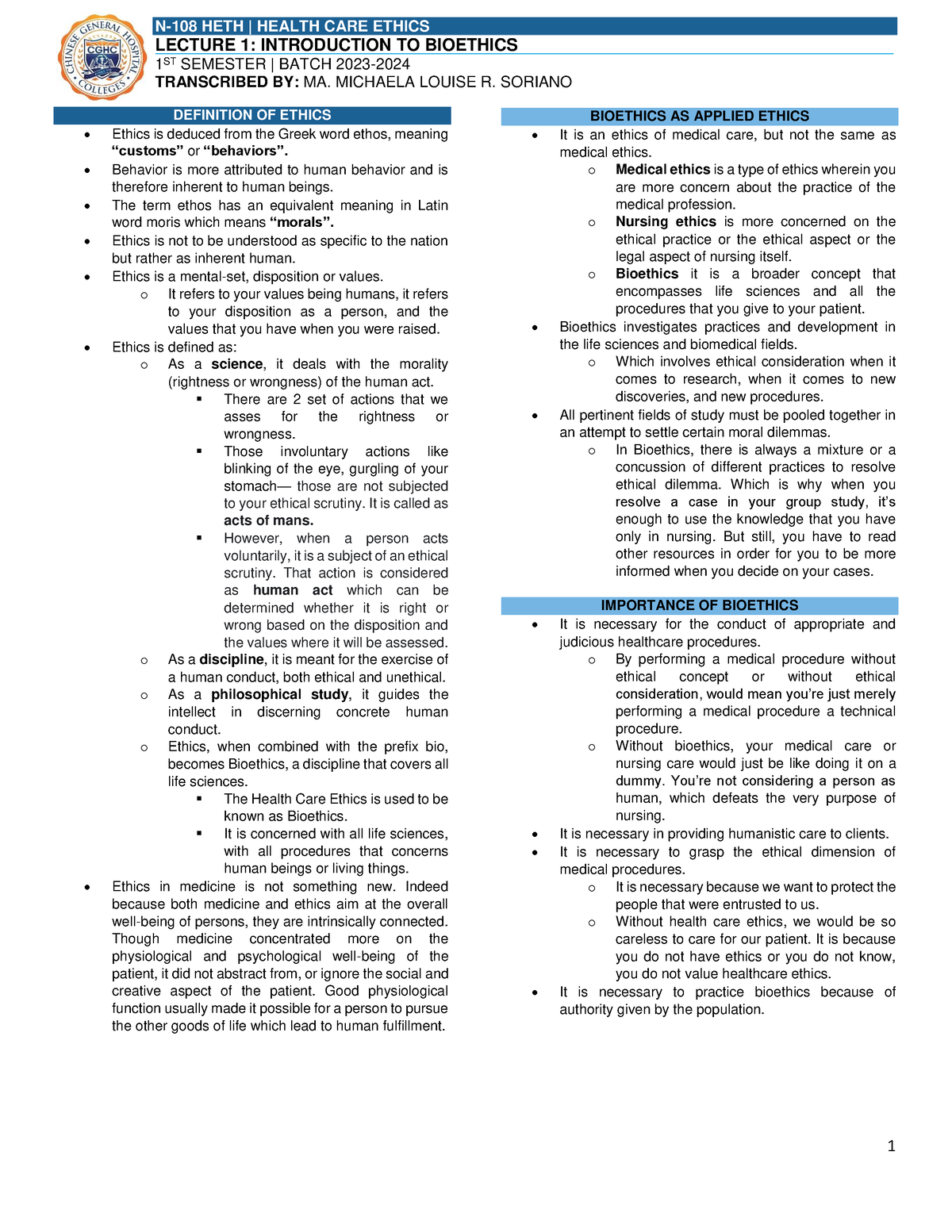 HETH 1 - LECTURE 1: INTRODUCTION TO BIOETHICS - 1 DEFINITION OF ETHICS ...
