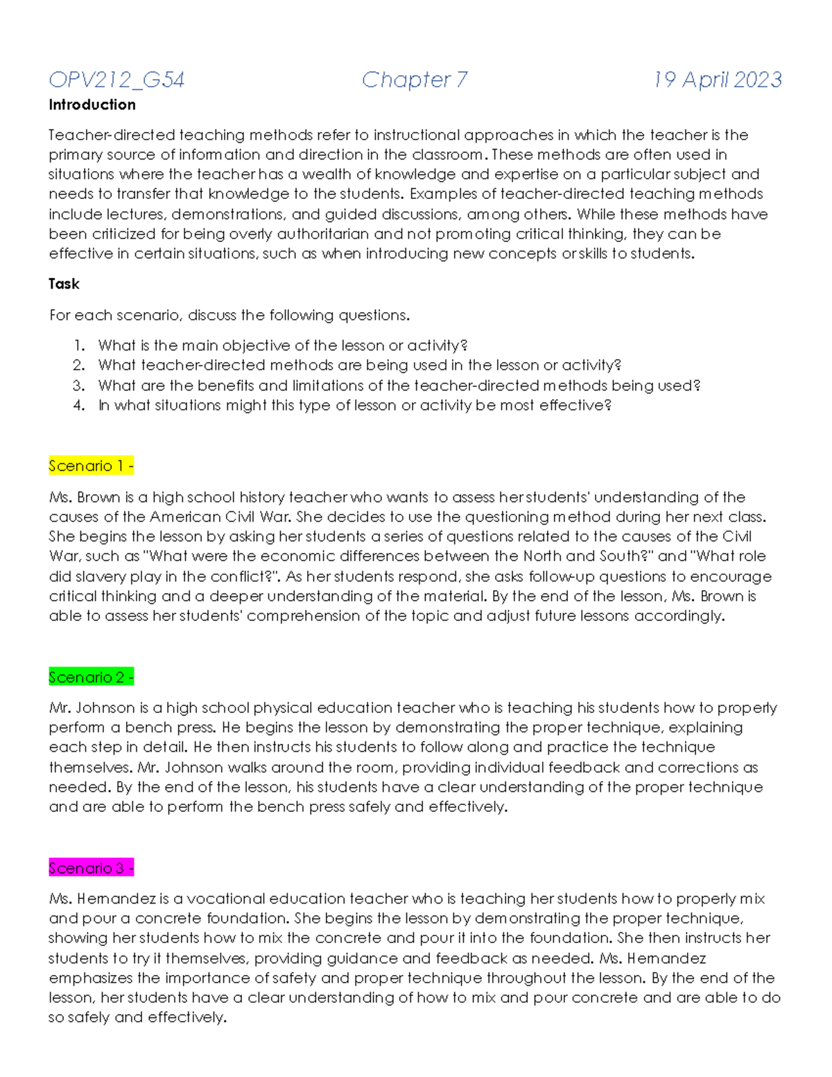 OPV212 Chapter 7 Teacher directed methods Case study OPV212_G54
