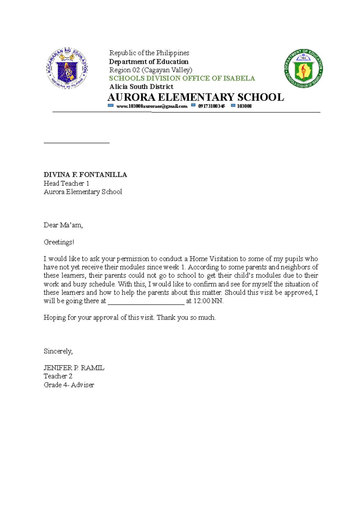 Home Visitation Letter To Principal Republic Of The Philippines 