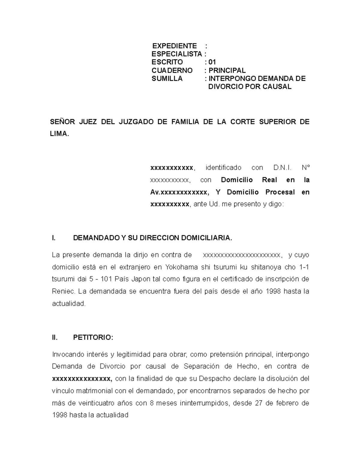 Demanda De Divorcio Marco Expediente Especialista Escrito 01