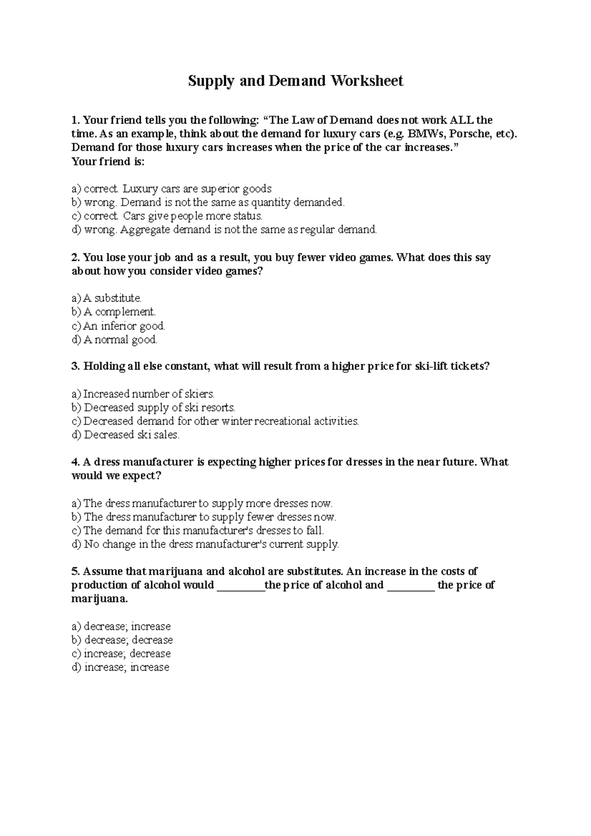 Supply and Demand Worksheet Questions Supply and Demand Worksheet