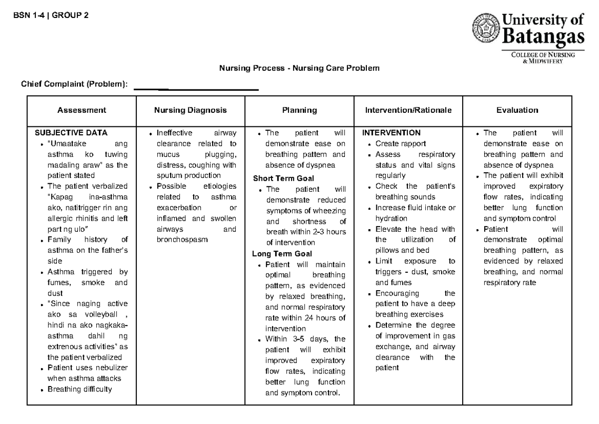 ncp example only - Assessment Nursing Diagnosis Planning Intervention ...