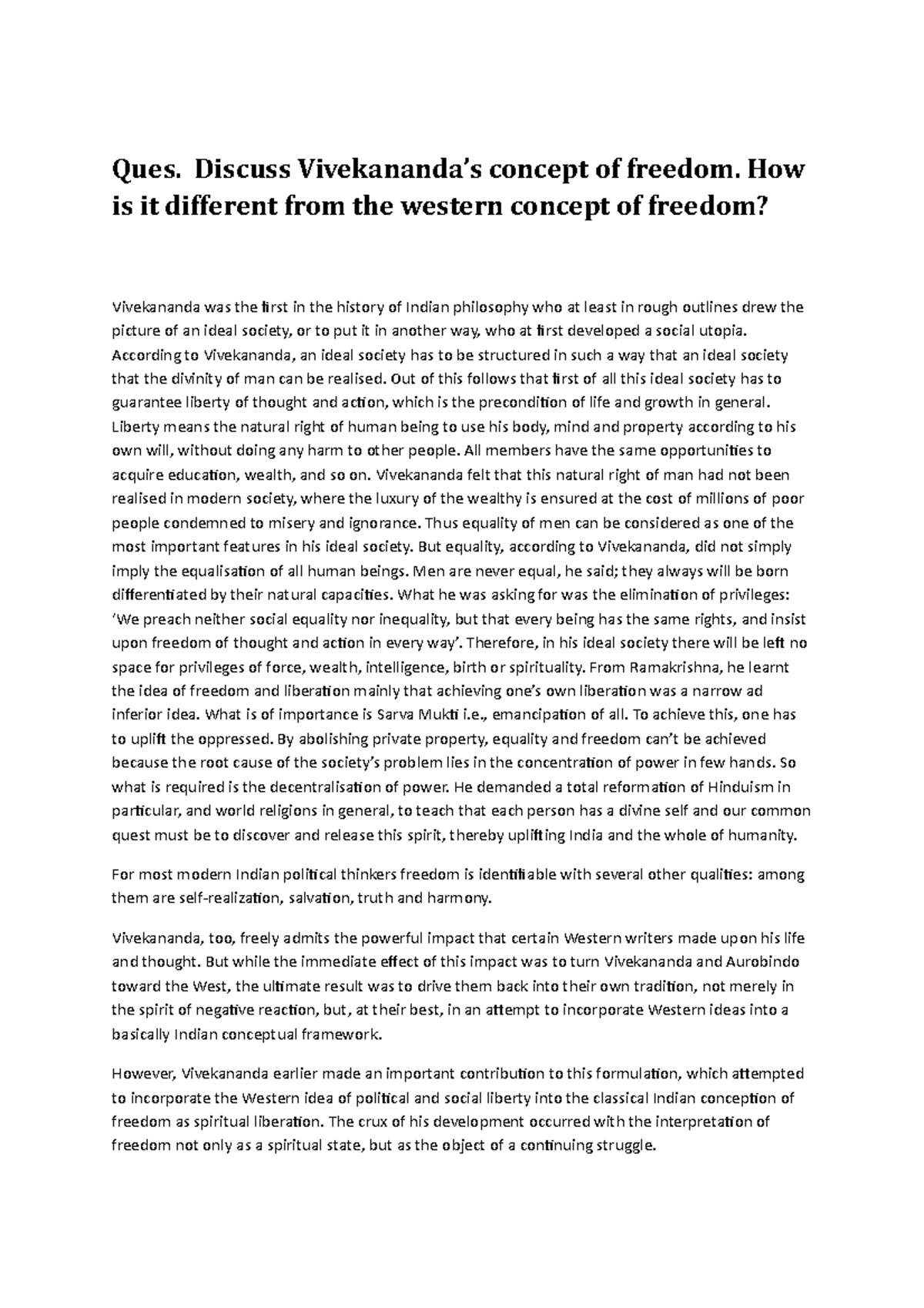 Ipt assignment 1 Ques. Discuss Vivekananda’s concept of freedom. How
