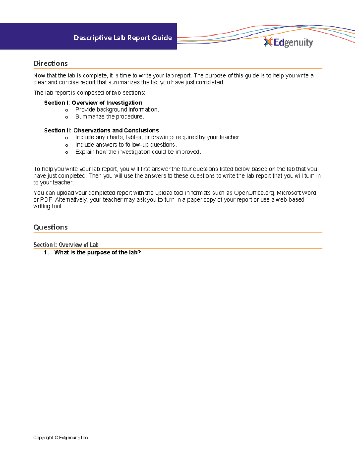 Descriptive Lab Report Guide - Descriptive Lab Report Guide Directions ...