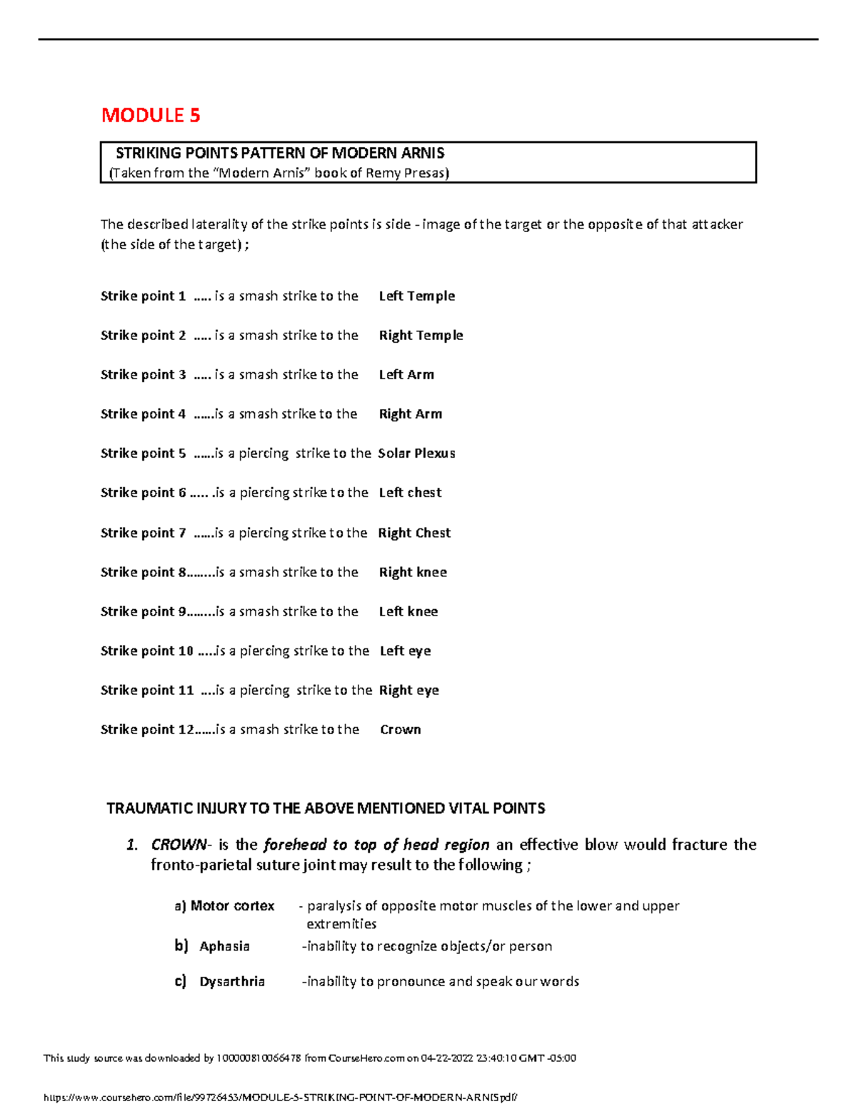 Module 5 Striking Point OF Modern Arnis - MODULE 5 STRIKING POINTS ...