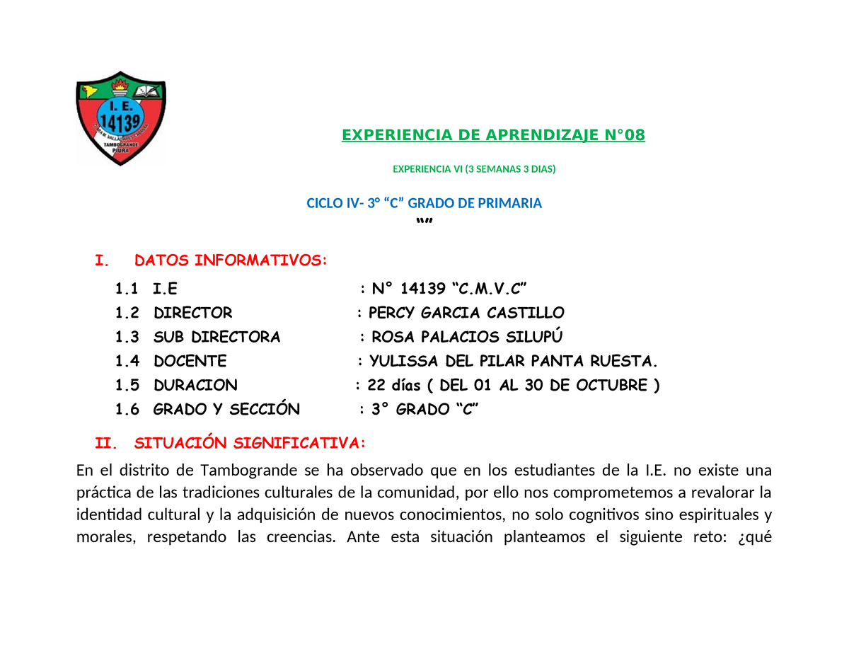 Experiencia DE Aprendizaje Noviembre - EXPERIENCIA DE APRENDIZAJE N ...