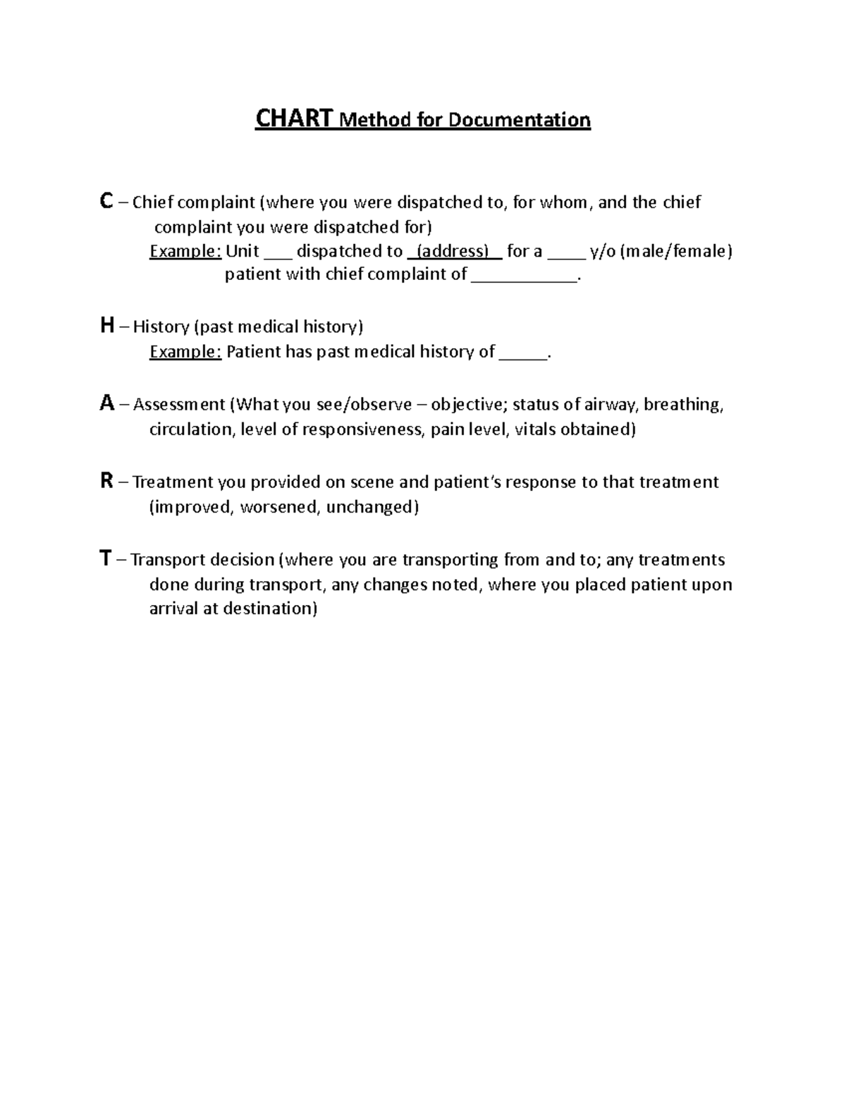 Chart Documentation - CHART Method for Documentation C – Chief 